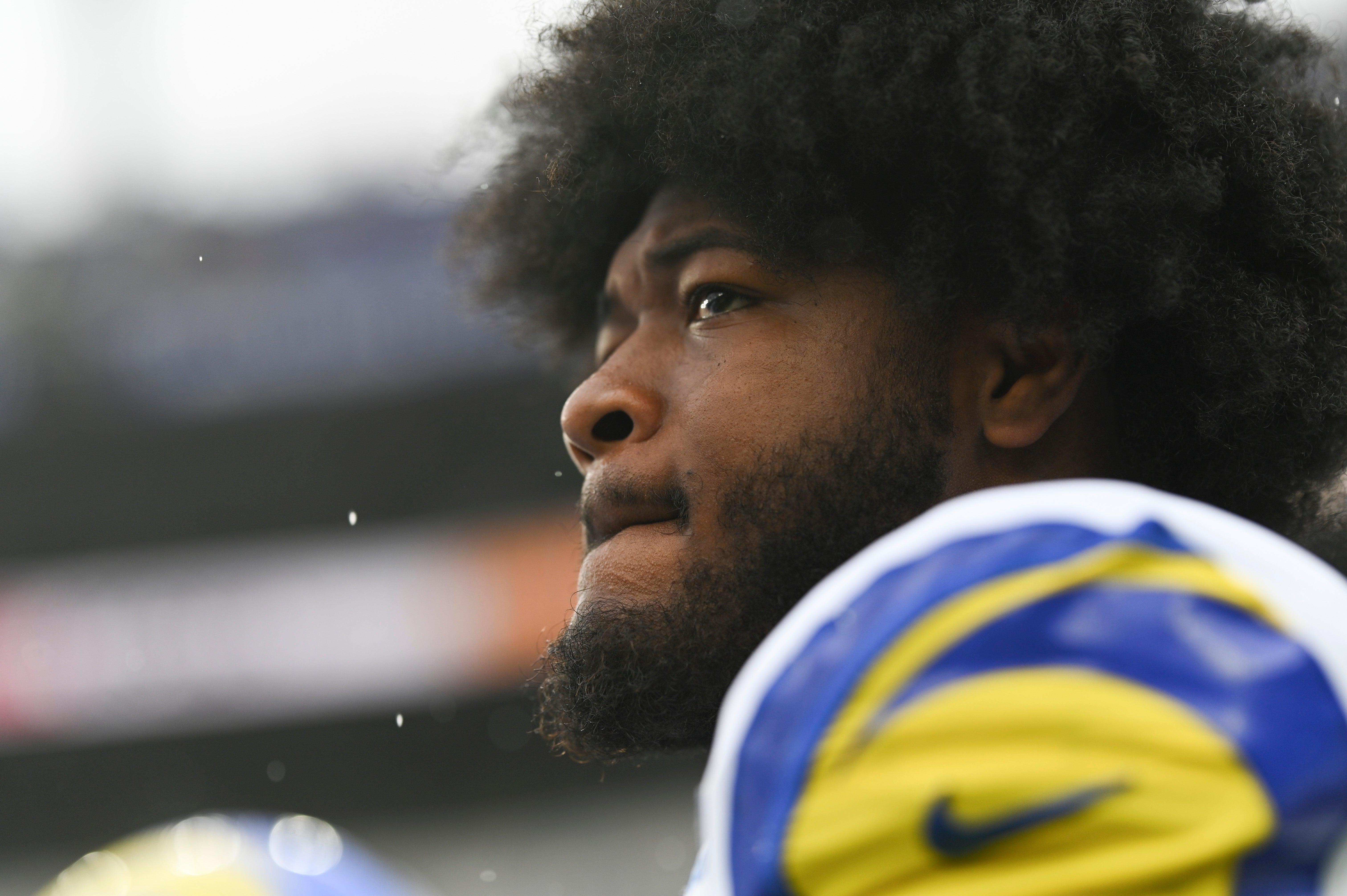 Dec 10, 2023; Baltimore, Maryland, USA; Los Angeles Rams linebacker Ernest Jones (53) before the game against the Baltimore Ravens at M&T Bank Stadium. Mandatory Credit: Tommy Gilligan-USA TODAY Sports