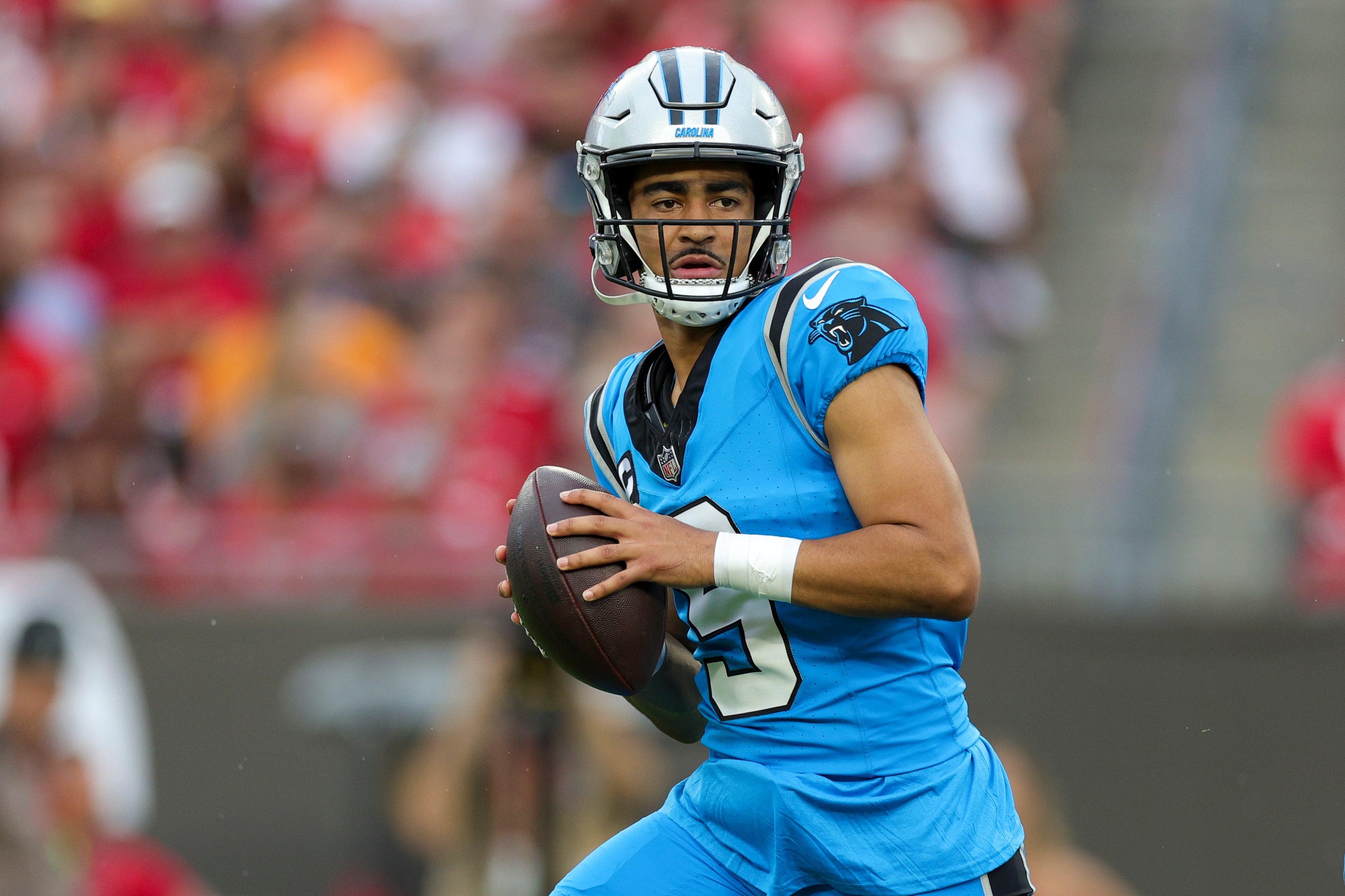 Dec 3, 2023; Tampa, Florida, USA; Carolina Panthers quarterback Bryce Young (9) drops back to pass against the Tampa Bay Buccaneers in the first quarter at Raymond James Stadium. Mandatory Credit: Nathan Ray Seebeck-USA TODAY Sports