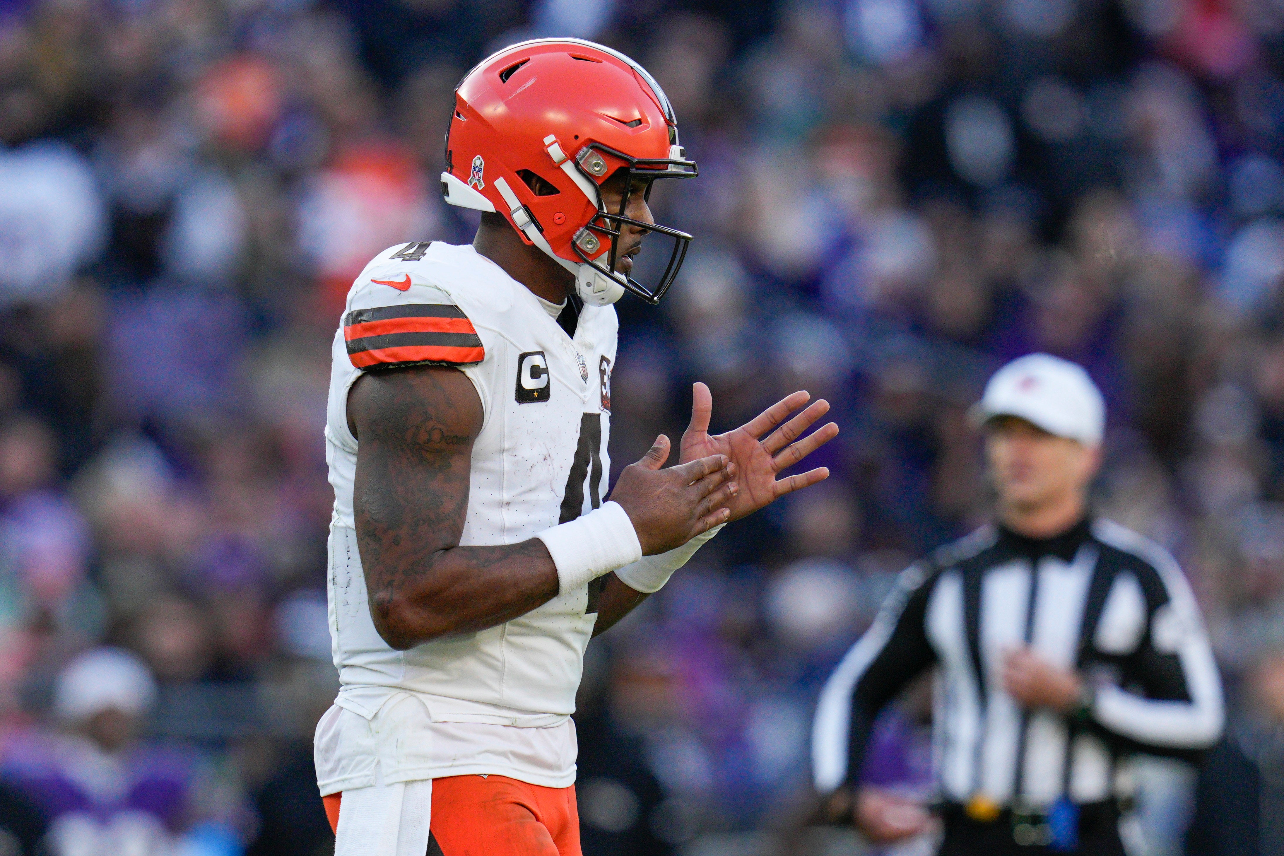 Nov 12, 2023; Baltimore, Maryland, USA; Cleveland Browns quarterback Deshaun Watson (4) calls a timeout during the second half against the Baltimore Ravens at M&T Bank Stadium. Mandatory Credit: Jessica Rapfogel-USA TODAY Sports
