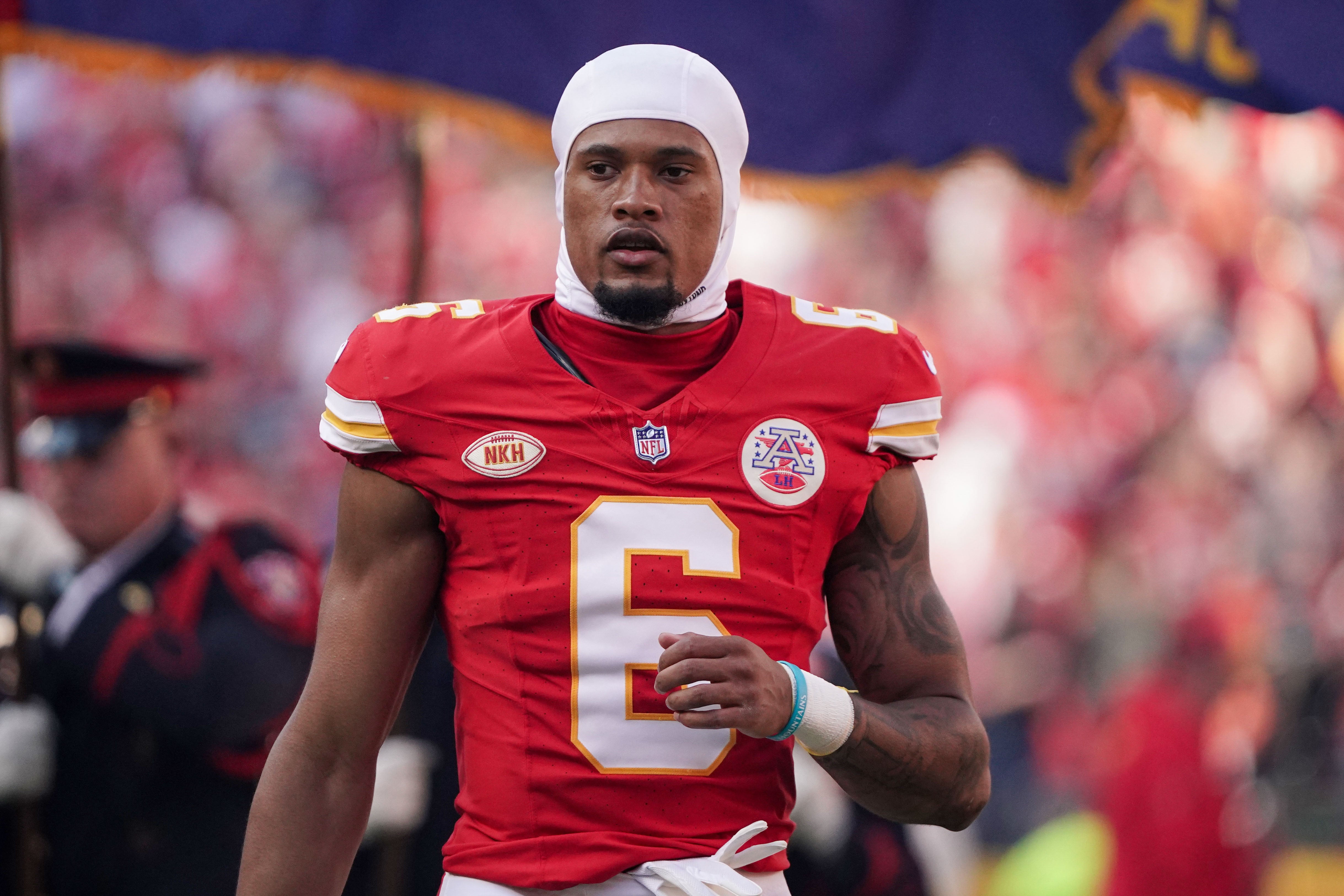 Oct 12, 2023; Kansas City, Missouri, USA; Kansas City Chiefs safety Bryan Cook (6) on field against the Los Angeles Chargers prior to a game at GEHA Field at Arrowhead Stadium.