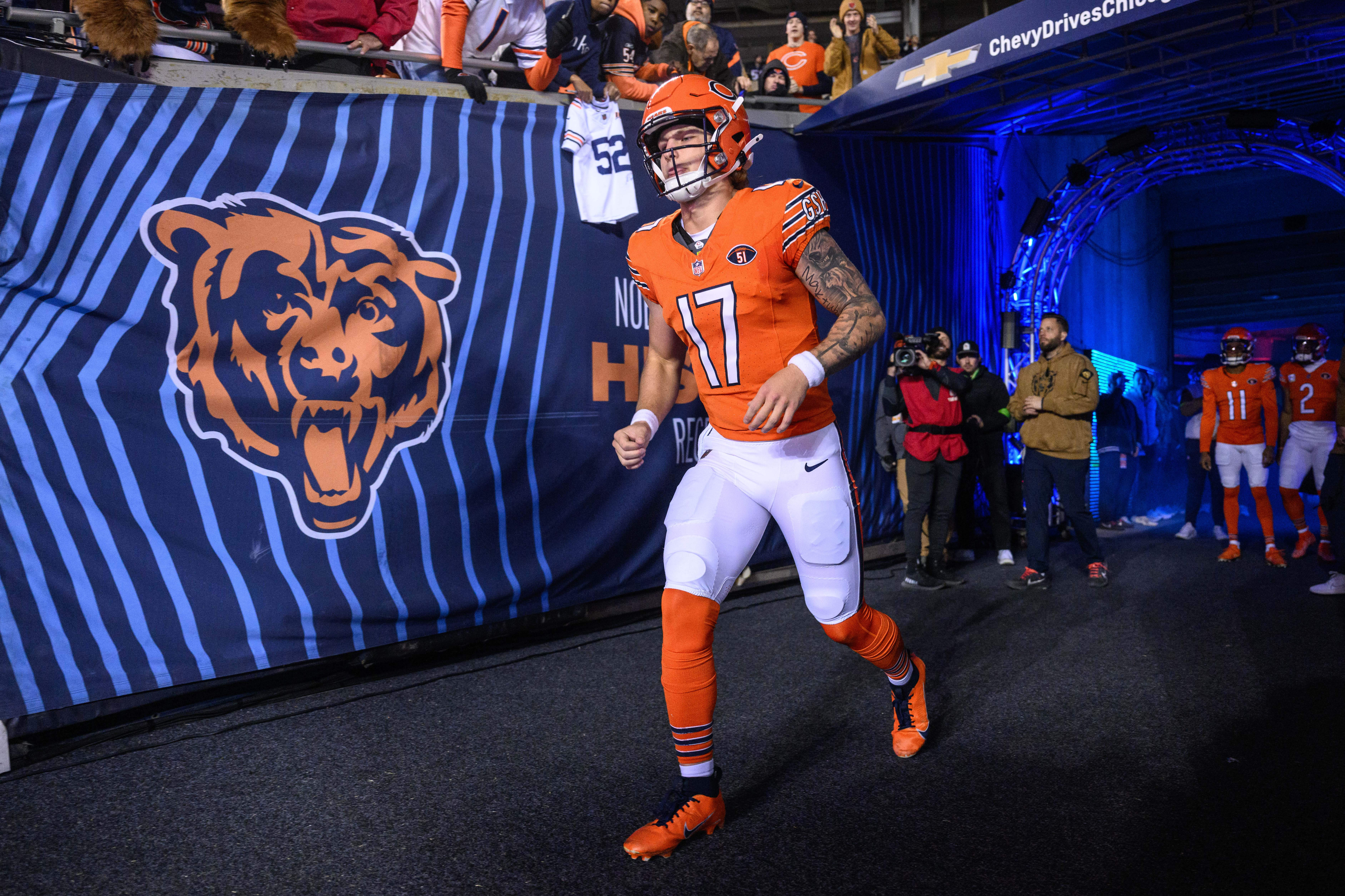 Nov 9, 2023; Chicago, Illinois, USA; Chicago Bears quarterback Tyson Bagent (17) enters the field before a game against the Carolina Panthers at Soldier Field.