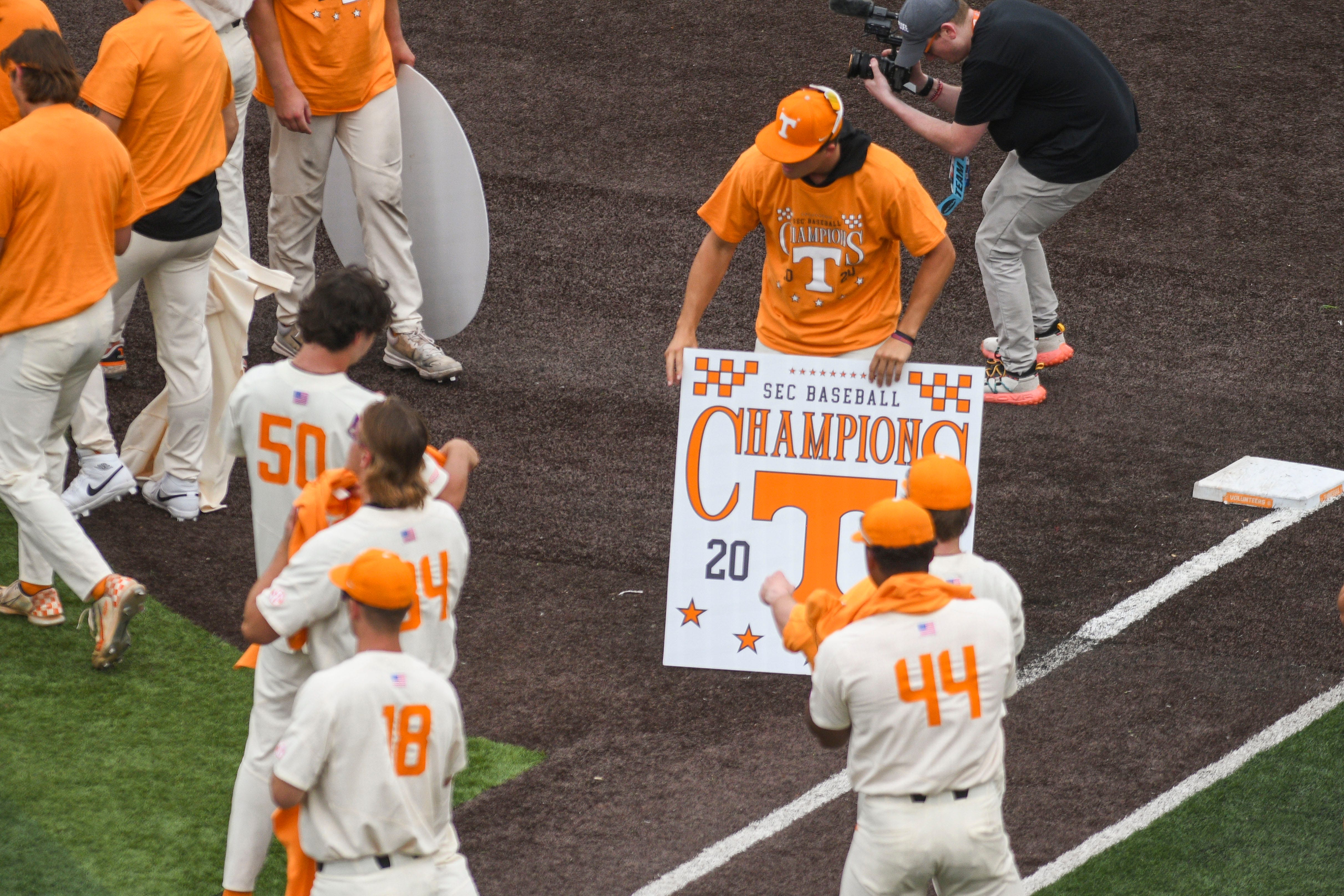 The Tennessee baseball team celebrates becoming the regular season champions in the SEC after a NCAA baseball game at Lindsey Nelson Stadium on Saturday, May 18, 2024. Tennessee won 4-1 against South Carolina.