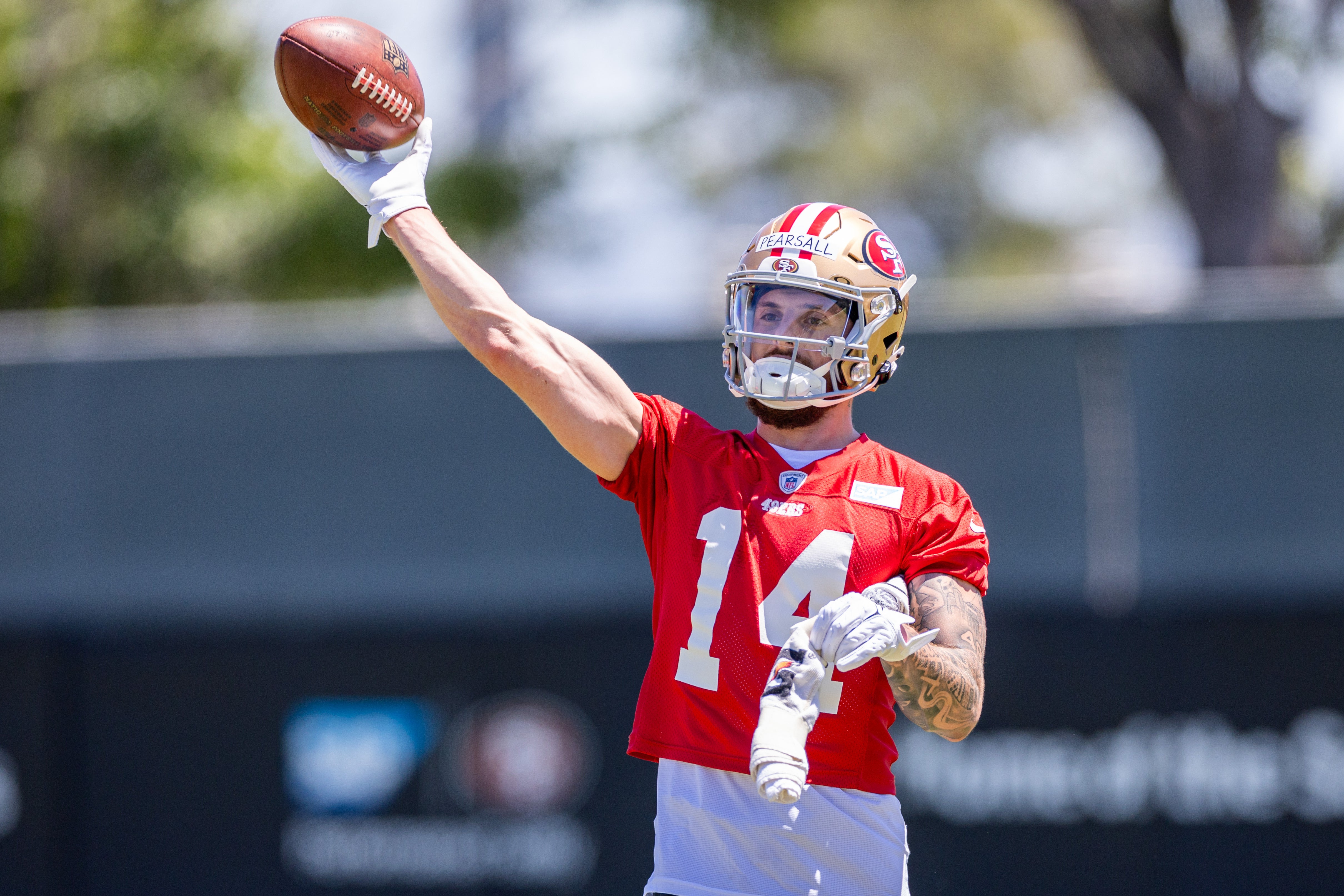 May 10, 2024; Santa Clara, CA, USA; San Francisco 49ers wide receiver Ricky Pearsall (14) runs drills during the 49ers rookie minicamp at Levi’s Stadium in Santa Clara, CA.