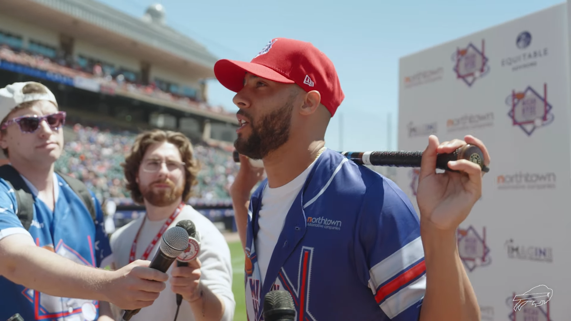 Former Buffalo Bills safety Micah Hyde talks to reporters at 2024 Charity Softball Game.