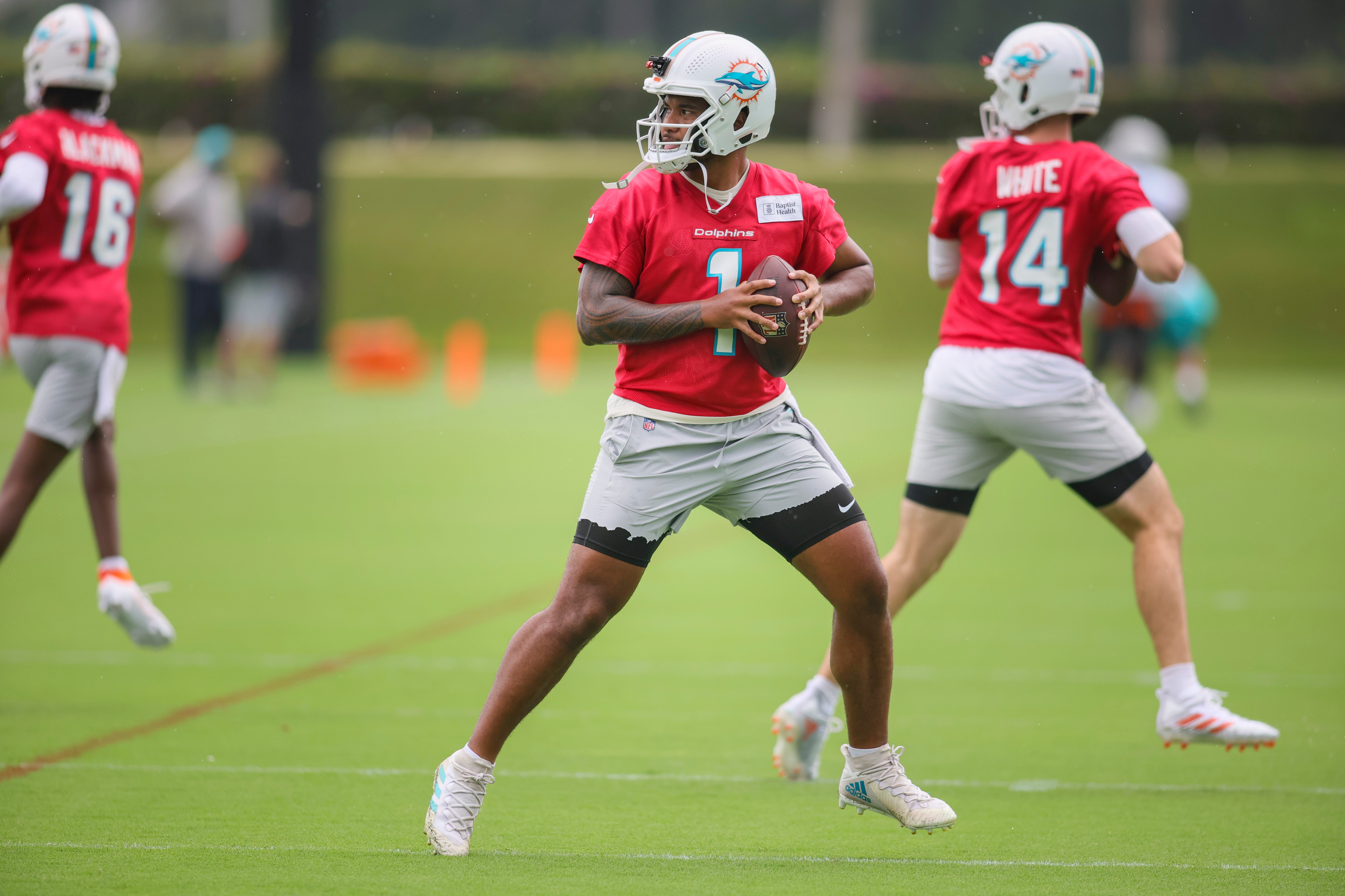 Caption: Jul 26, 2023; Miami Gardens, FL, USA; Miami Dolphins quarterback Tua Tagovailoa (1) works out during training camp at Baptist Health Training Facility.
