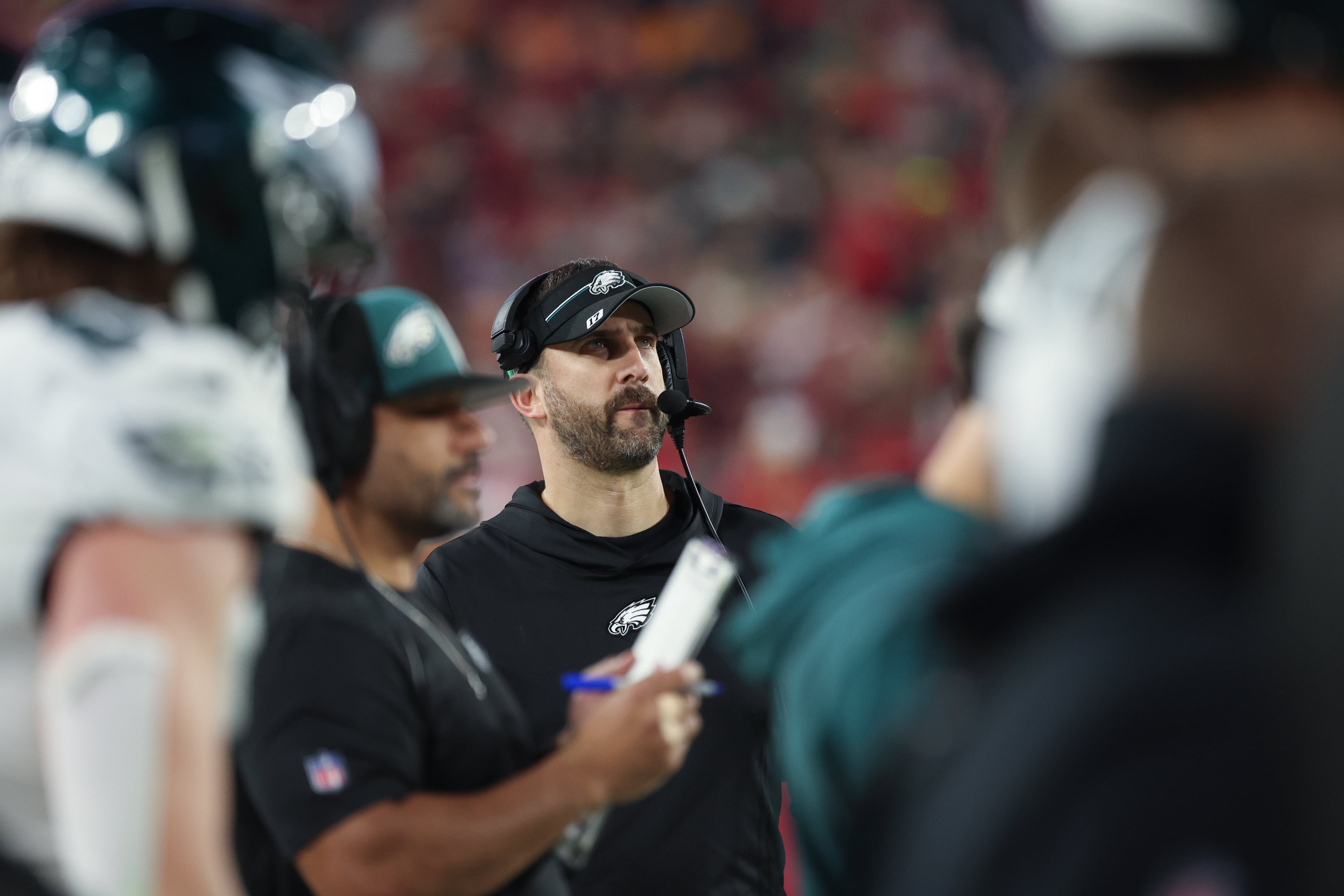 Philadelphia Eagles head coach Nick Sirianni looks on during the second half of a 2024 NFC wild card game against the Tampa Bay Buccaneers at Raymond James Stadium.