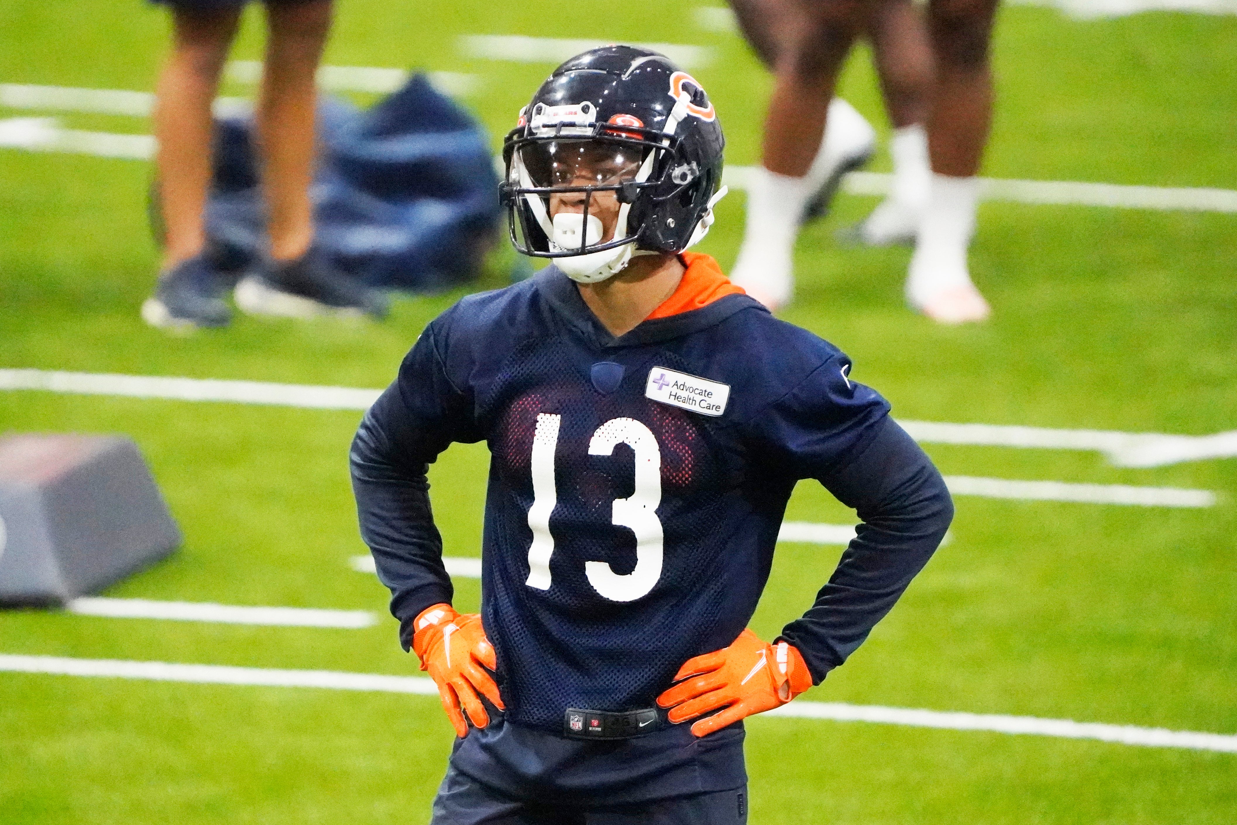 Jul 26, 2023; Lake Forest, IL, USA; Chicago Bears wide receiver Tyler Scott (13) warms up during training camp at Halas Hall.