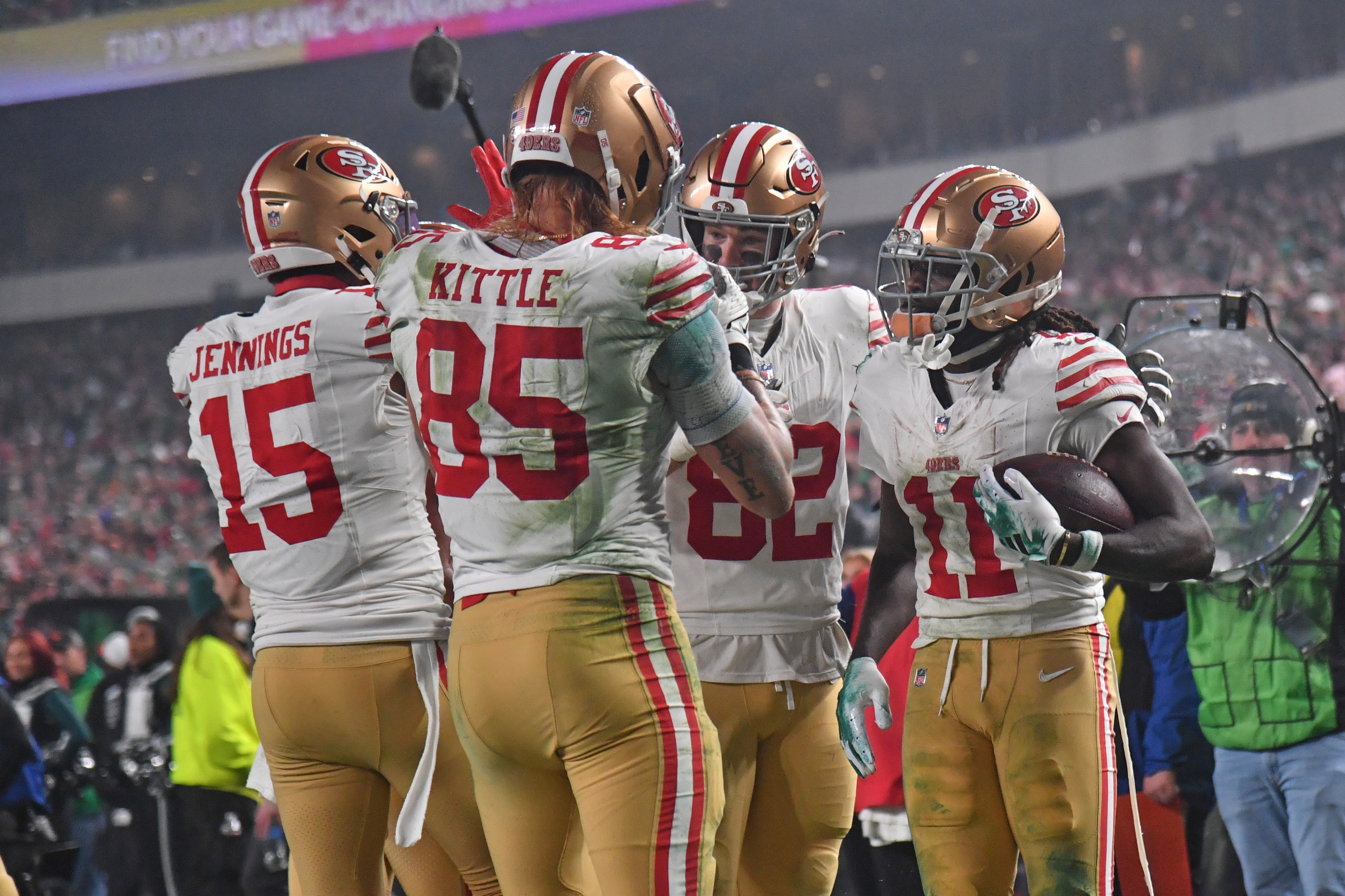 Dec 3, 2023; Philadelphia, Pennsylvania, USA; San Francisco 49ers wide receiver Brandon Aiyuk (11) celebrates his touchdown catch against the Philadelphia Eagles during the second quarter at Lincoln Financial Field.