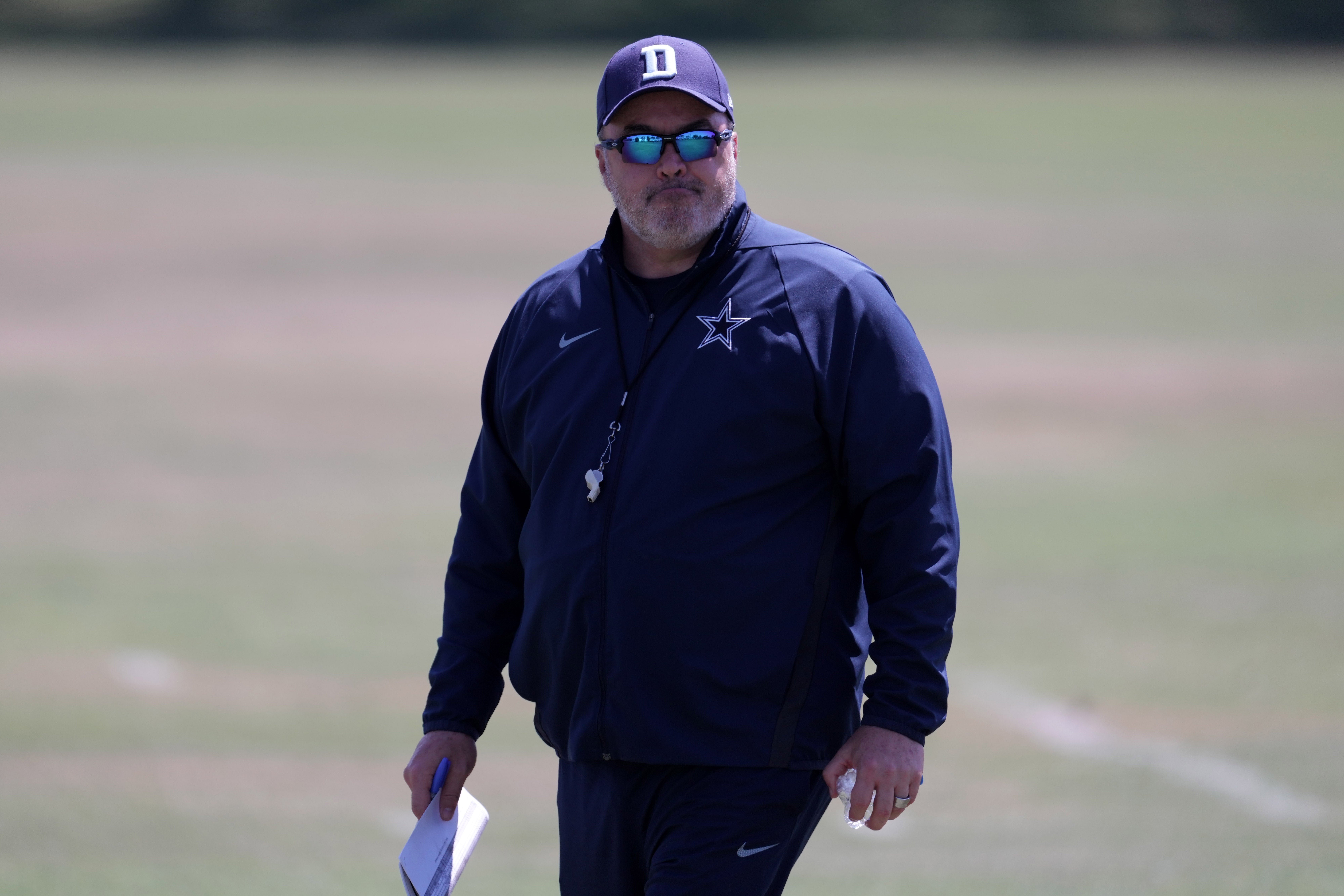 Dallas Cowboys coach Mike McCarthy reacts during joint practice against the Los Angeles Chargers at Jack Hammett Sports Complex.