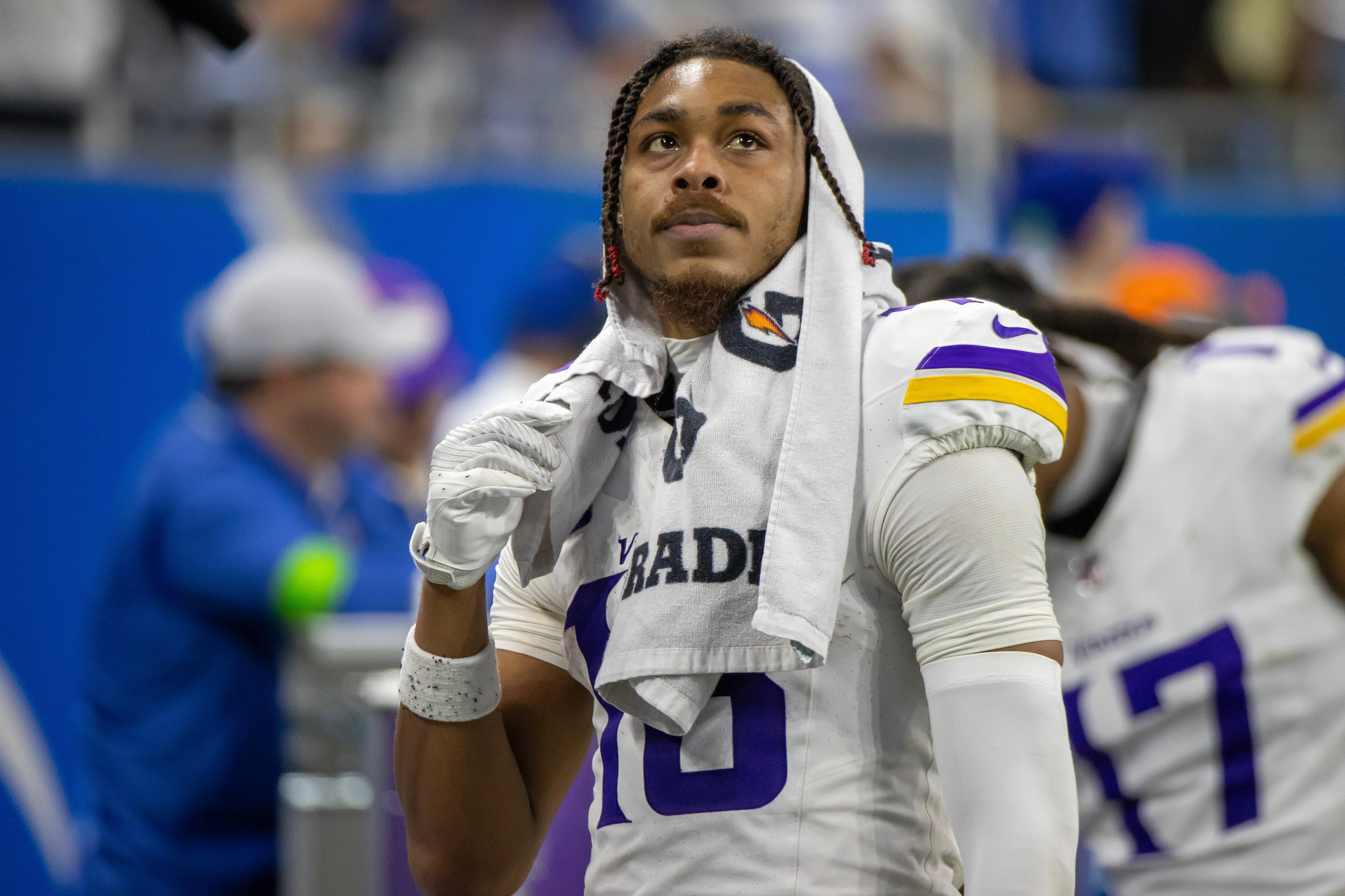 Minnesota Vikings wide receiver Justin Jefferson (18) looks at the big screen during second half of the game against the Detroit Lions at Ford Field.