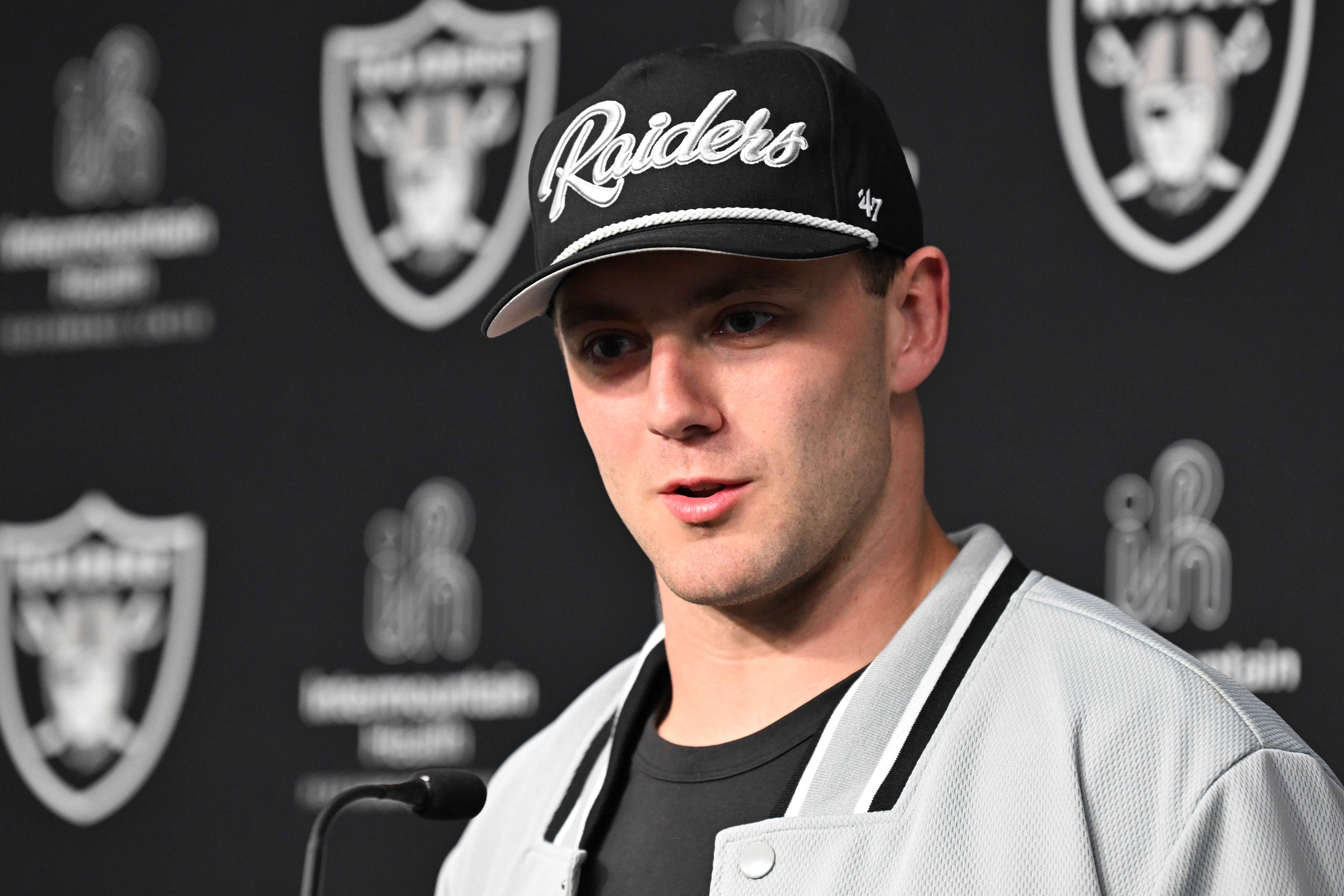 Apr 26, 2024; Henderson, NV, USA; Las Vegas Raiders tight end Brock Bowers speaks to the media at Intermountain Health Performance Center in Henderson, NV.