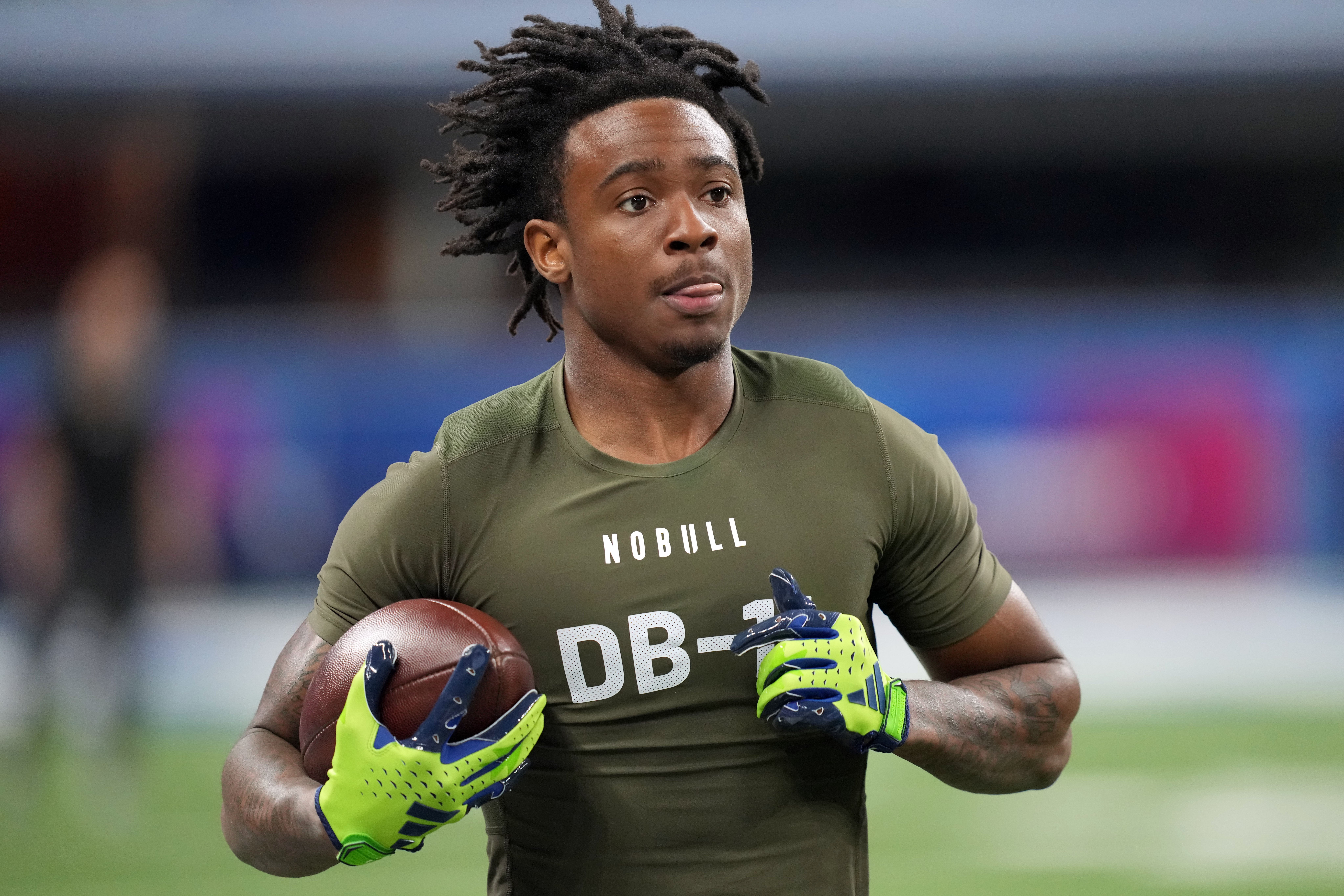 Mar 1, 2024; Indianapolis, IN, USA; Florida State defensive back Renardo Green (DB11) works out during the 2024 NFL Combine at Lucas Oil Stadium.