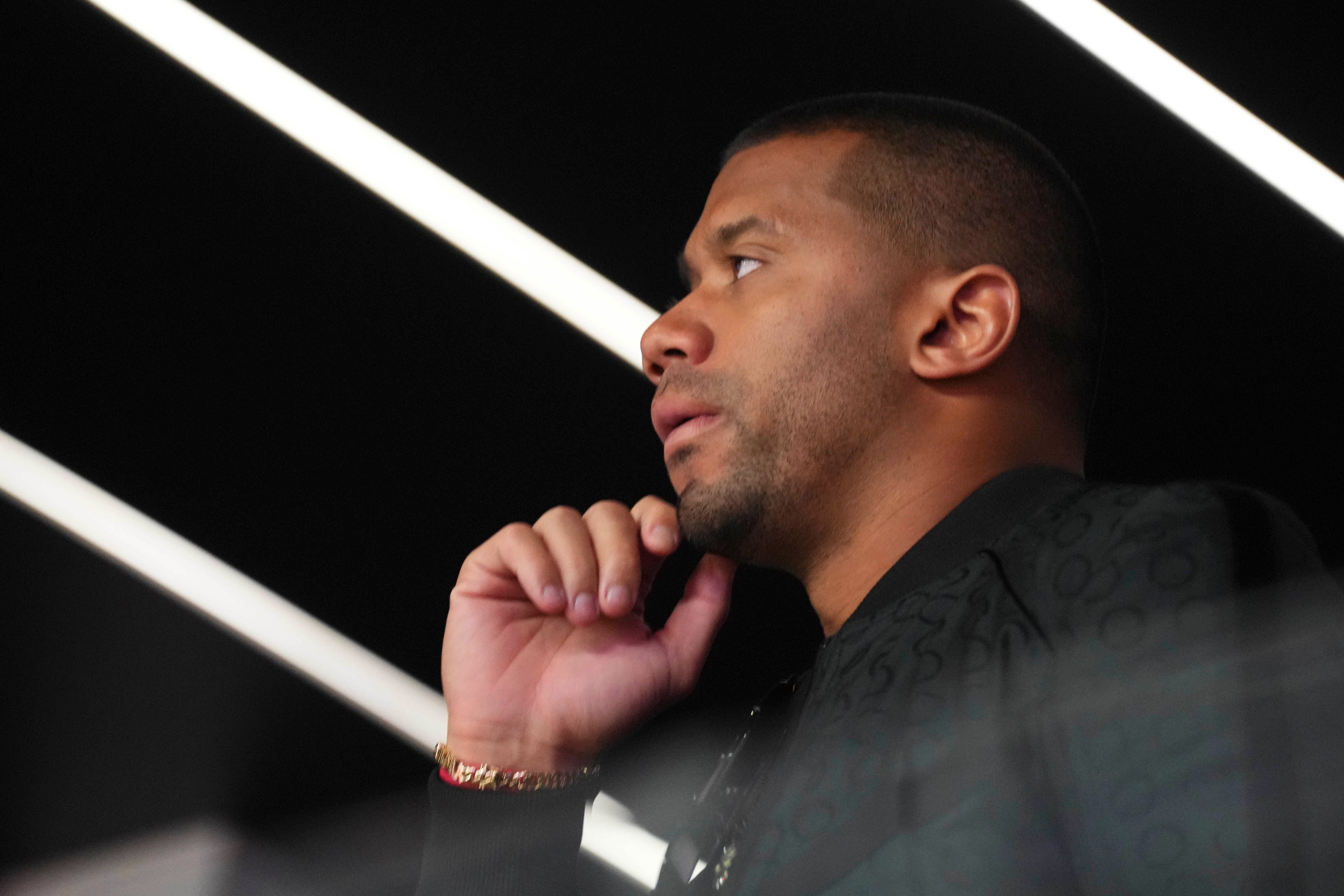 Feb 11, 2024; Paradise, Nevada, USA; Denver Broncos quarterback Russell Wilson watches play during the third quarter of Super Bowl LVIII between Kansas City Chiefs and San Francisco 49ers at Allegiant Stadium. Mandatory Credit: Joe Camporeale-USA TODAY Sports  