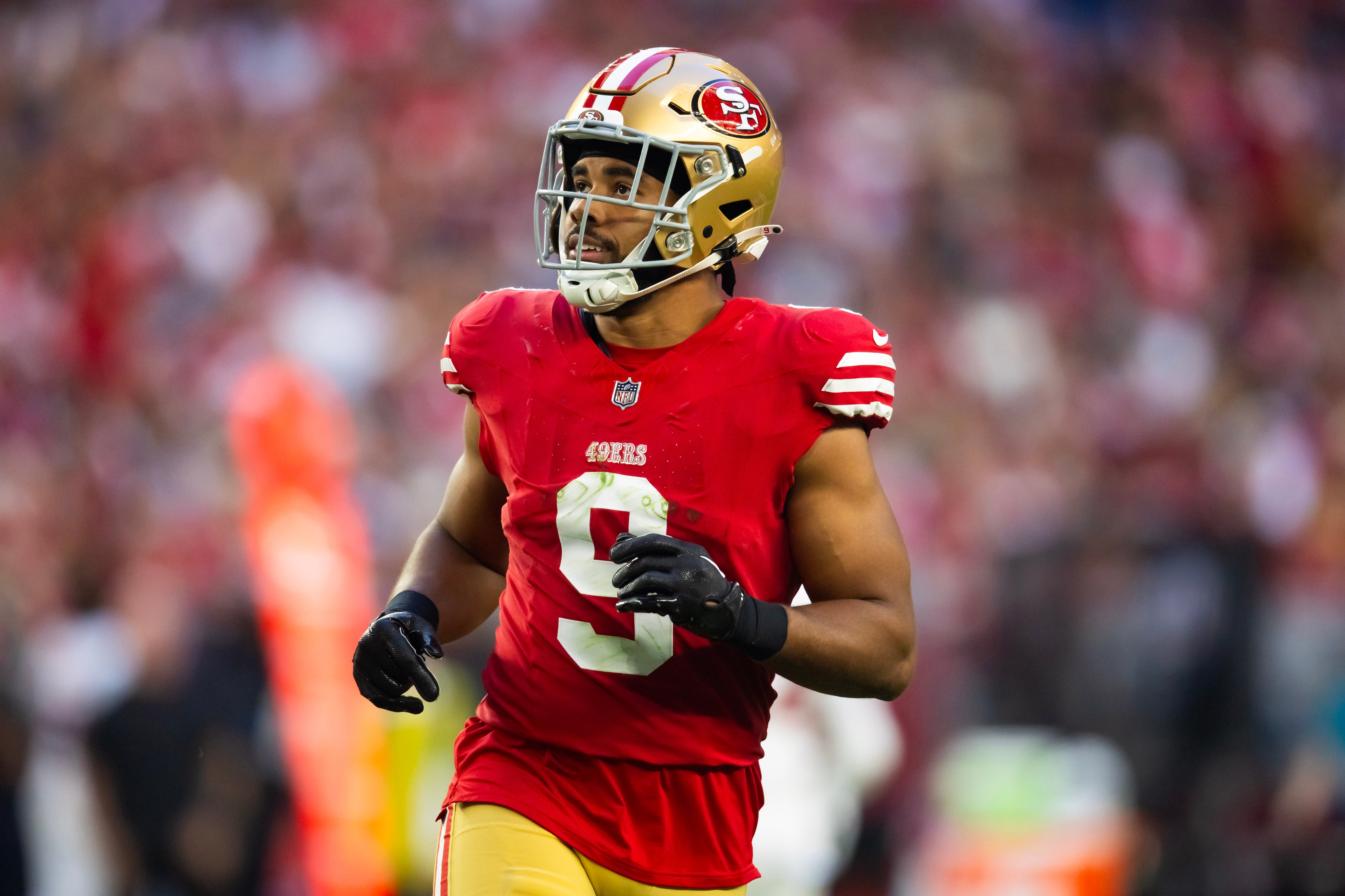 Dec 17, 2023; Glendale, Arizona, USA; San Francisco 49ers tight end Brayden Willis (9) against the Arizona Cardinals at State Farm Stadium.