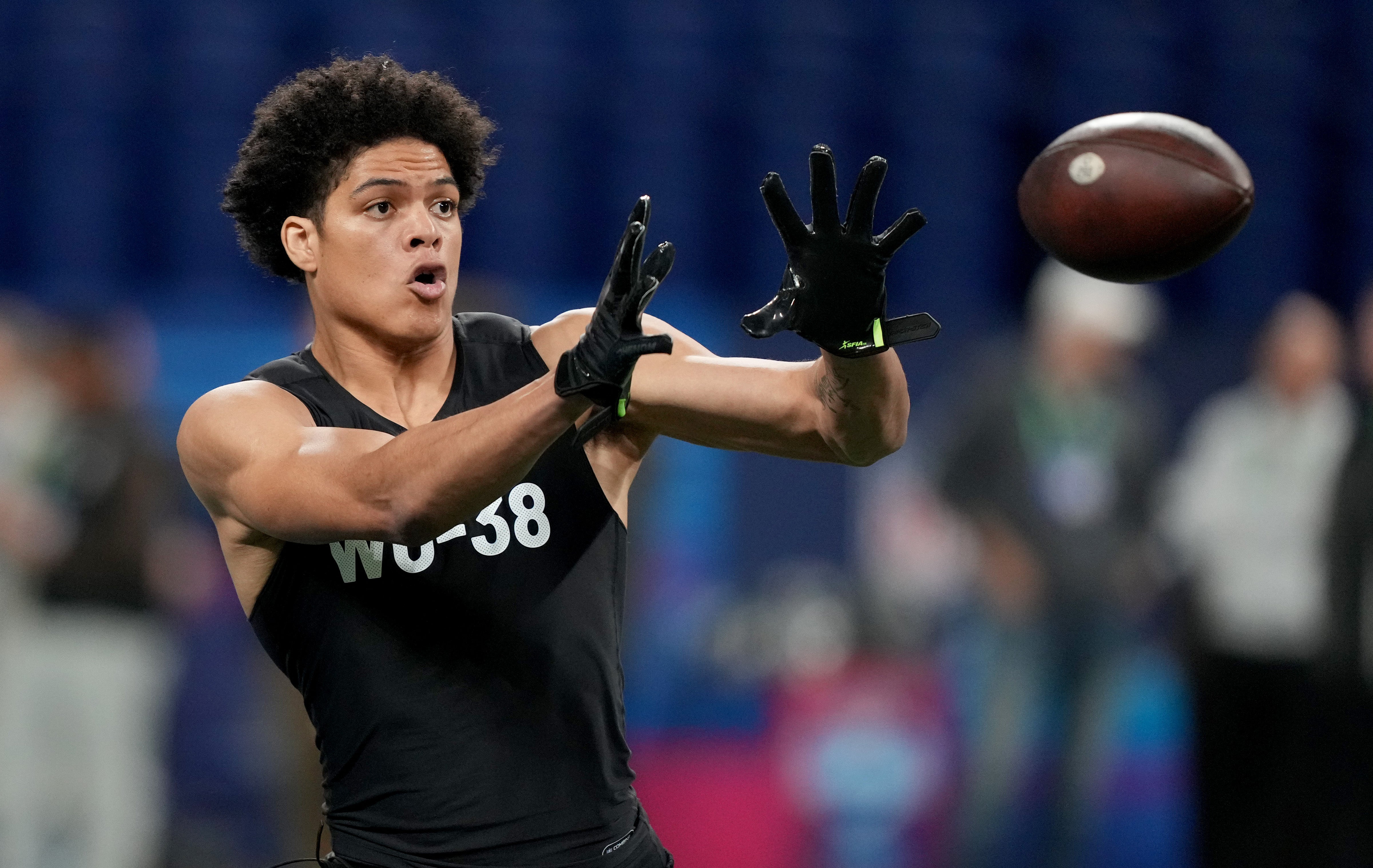 Florida State wide receiver Johnny Wilson (WO38) during the 2024 NFL Combine at Lucas Oil Stadium.