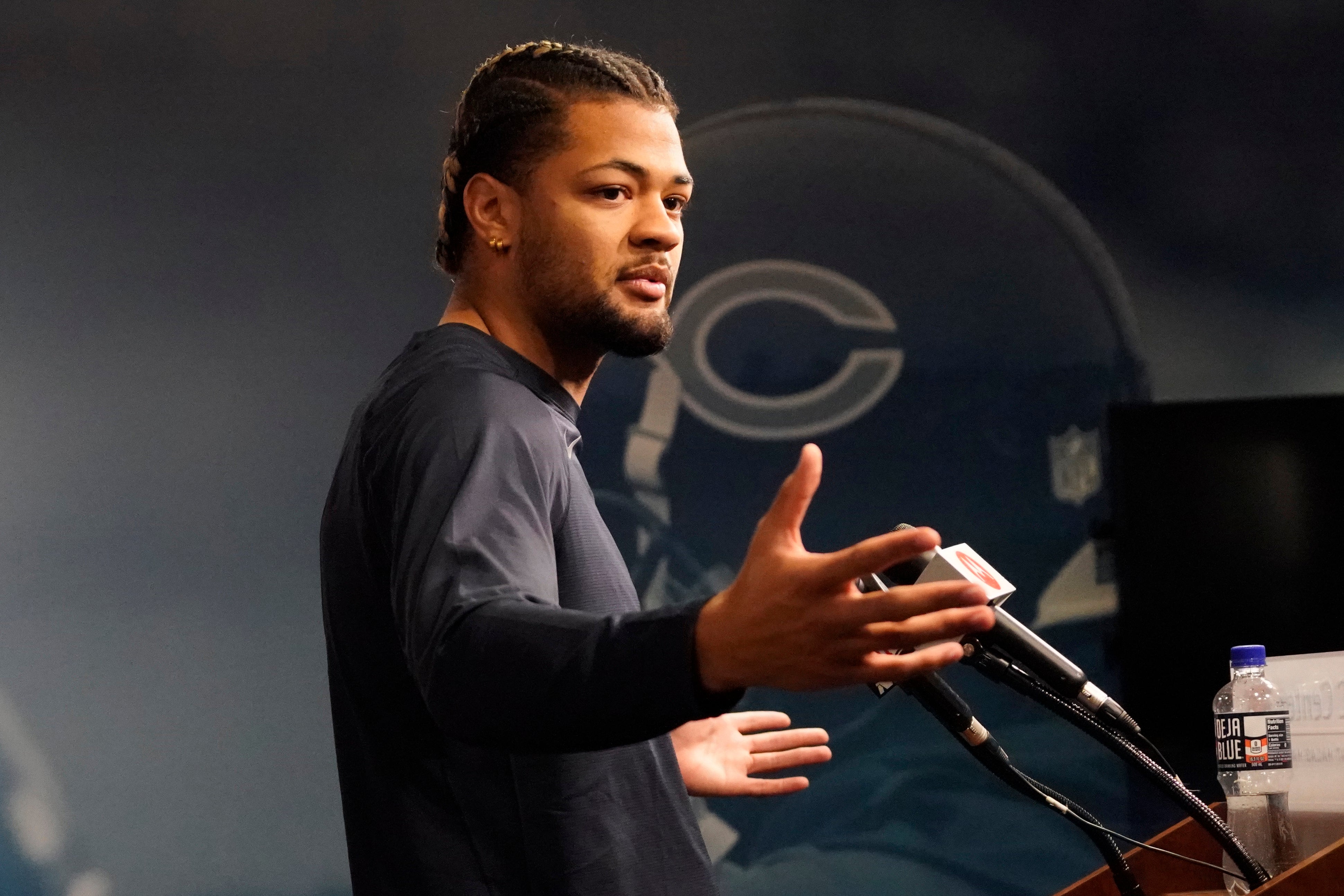 May 10, 2024; Lake Forest, IL, USA; Chicago Bears wide receiver Rome Odunze during a press conference before Chicago Bears rookie minicamp at Halas Hall.