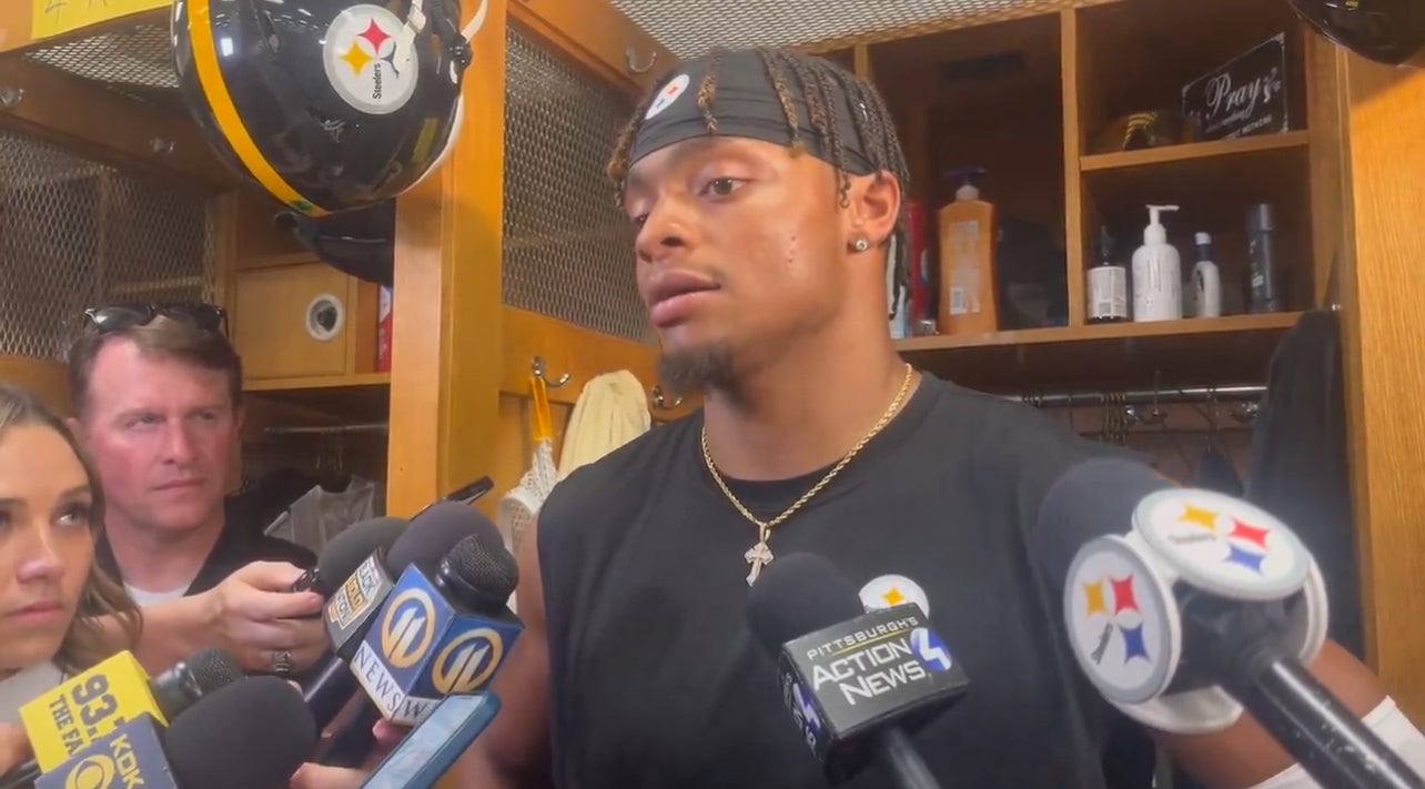Justin Fields addresses the media following Pittsburgh Steelers first OTA session of 2024.