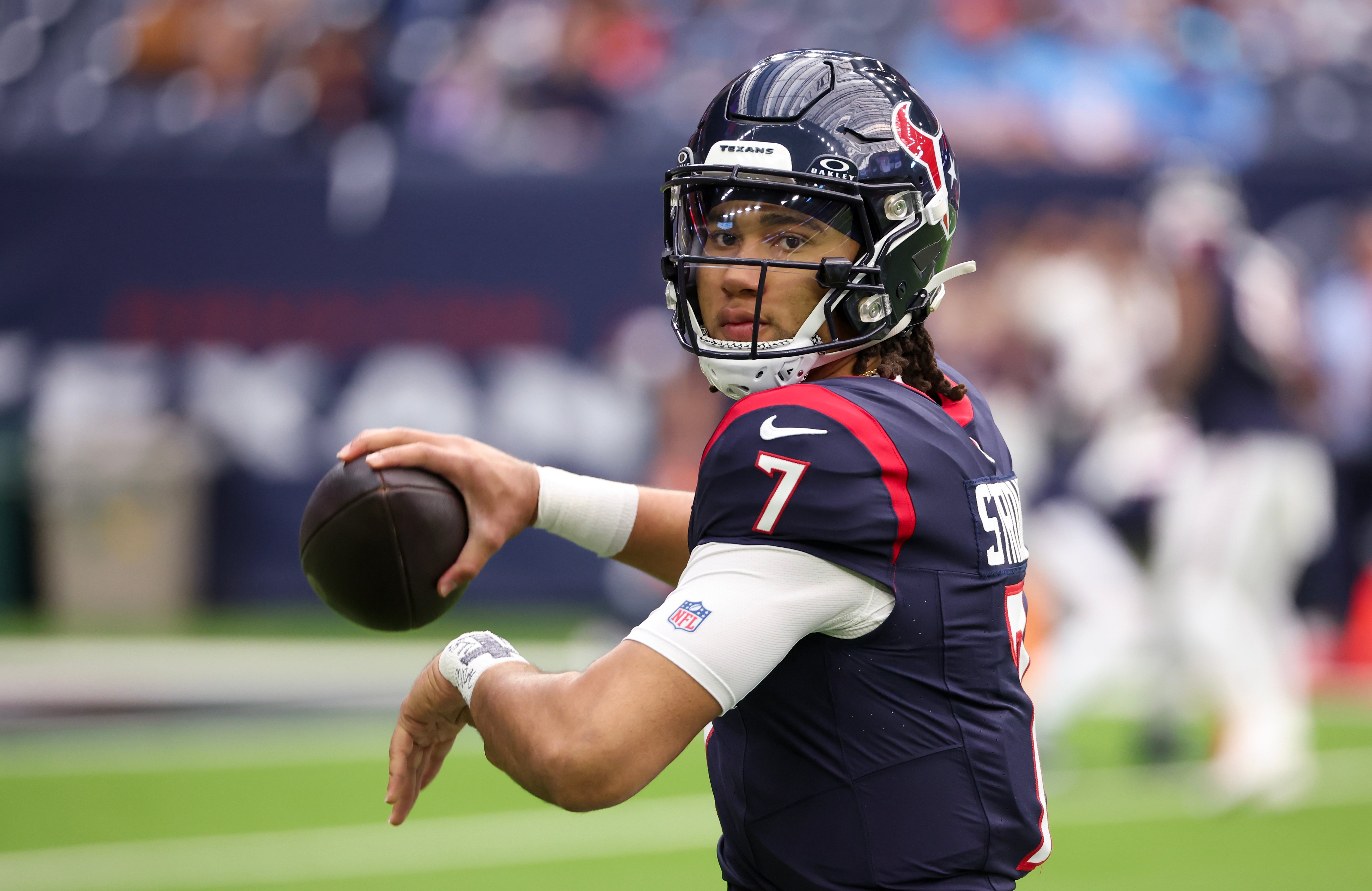 Dec 31, 2023; Houston, Texas, USA; Houston Texans quarterback C.J. Stroud (7) warms up before playing against the Tennessee Titans at NRG Stadium.