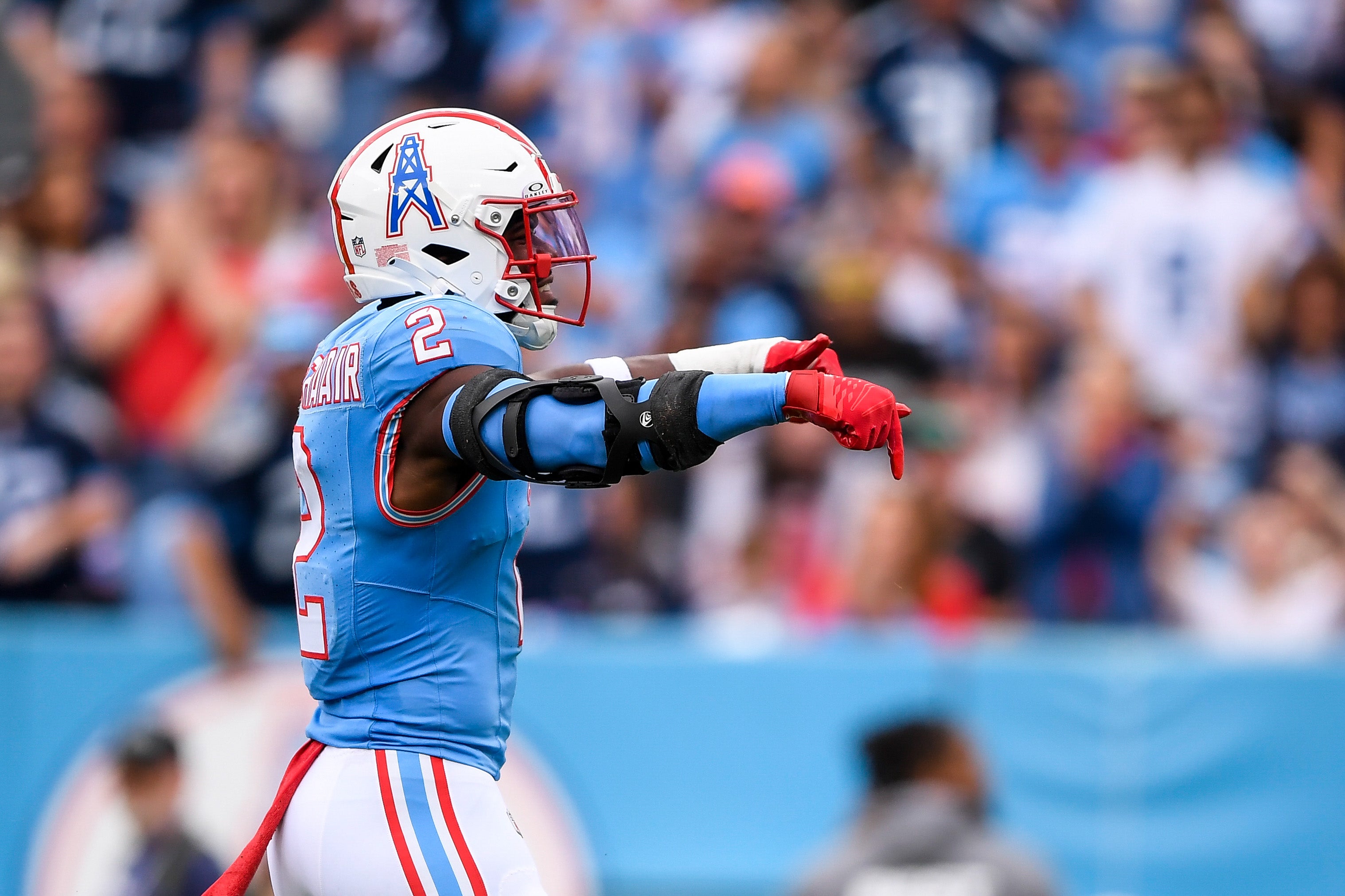 Oct 29, 2023; Nashville, Tennessee, USA; Tennessee Titans linebacker Azeez Al-Shaair (2) celebrates the sack against the Atlanta Falcons during the first half at Nissan Stadium
