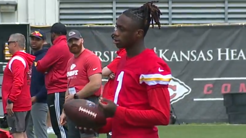 Chiefs WR Xavier Worthy on the sidelines at practice.