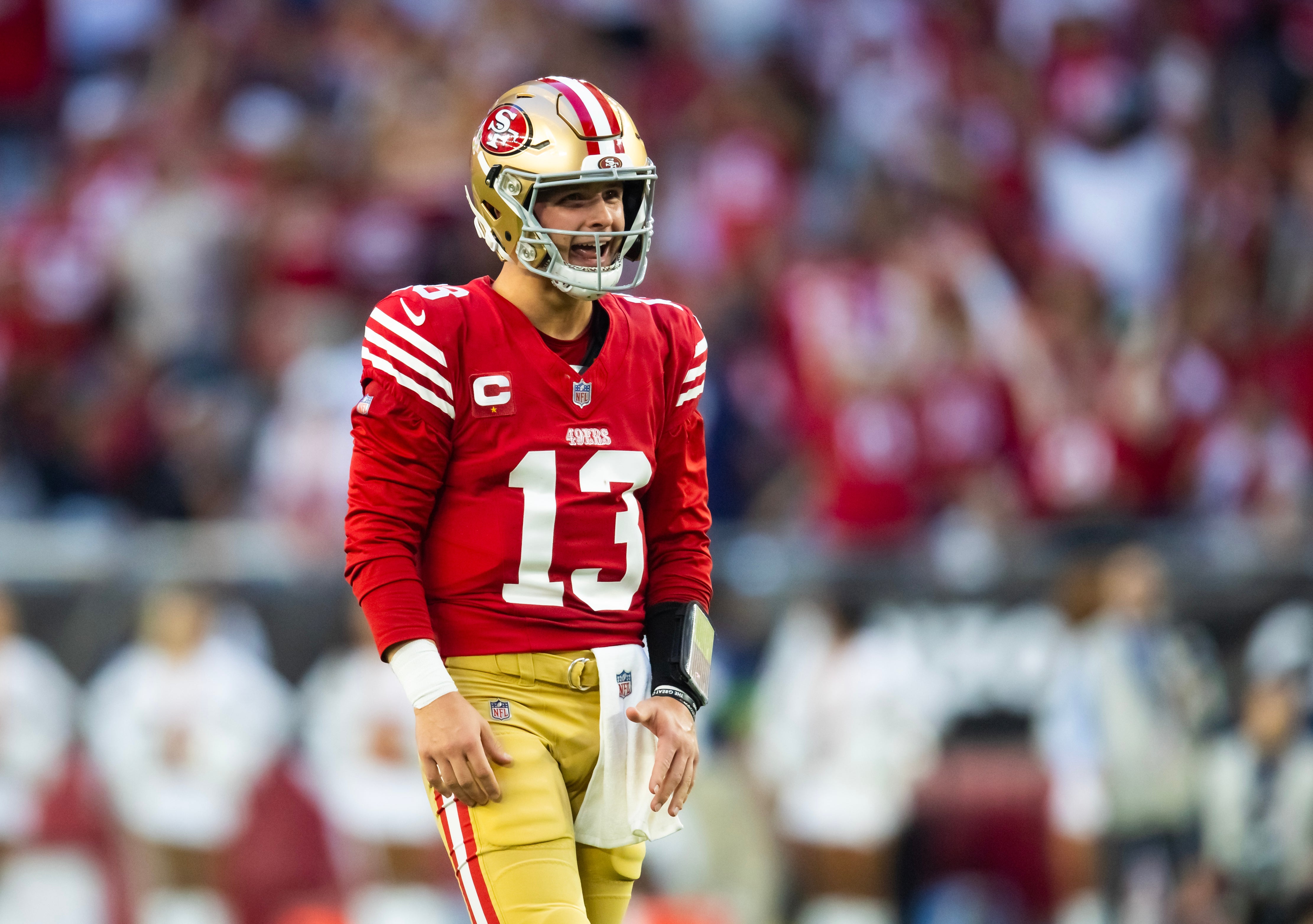Dec 17, 2023; Glendale, Arizona, USA; San Francisco 49ers quarterback Brock Purdy (13) against the Arizona Cardinals at State Farm Stadium.