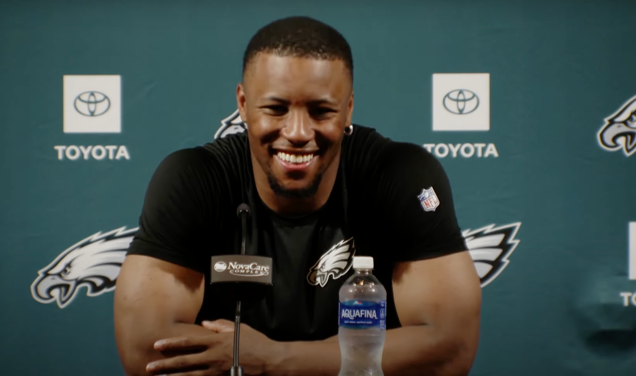 Eagles RB Saquon Barkley addresses the media following Wednesday's OTA practice.