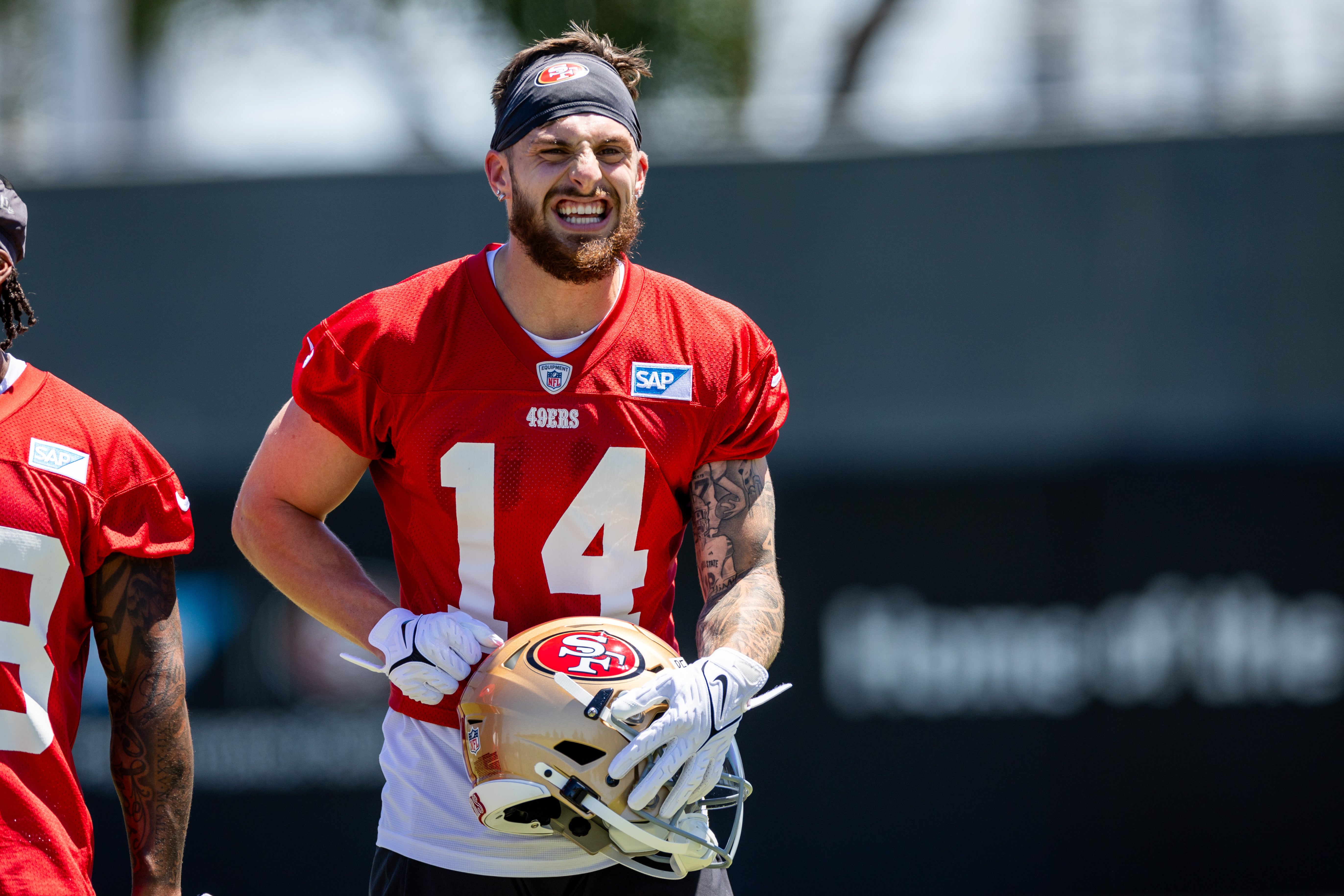 May 10, 2024; Santa Clara, CA, USA; San Francisco 49ers wide receiver Ricky Pearsall (14) smiles during the 49ers rookie minicamp at Levi’s Stadium in Santa Clara, CA.