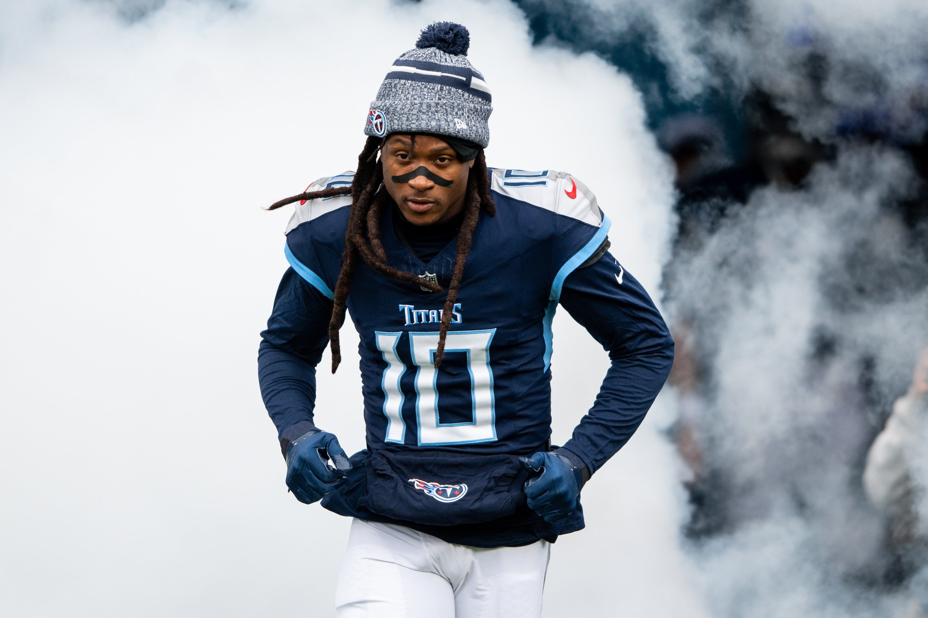Jan 7, 2024; Nashville, Tennessee, USA; Tennessee Titans wide receiver DeAndre Hopkins (10) takes the field during the first half against the Jacksonville Jaguarsat Nissan Stadium.