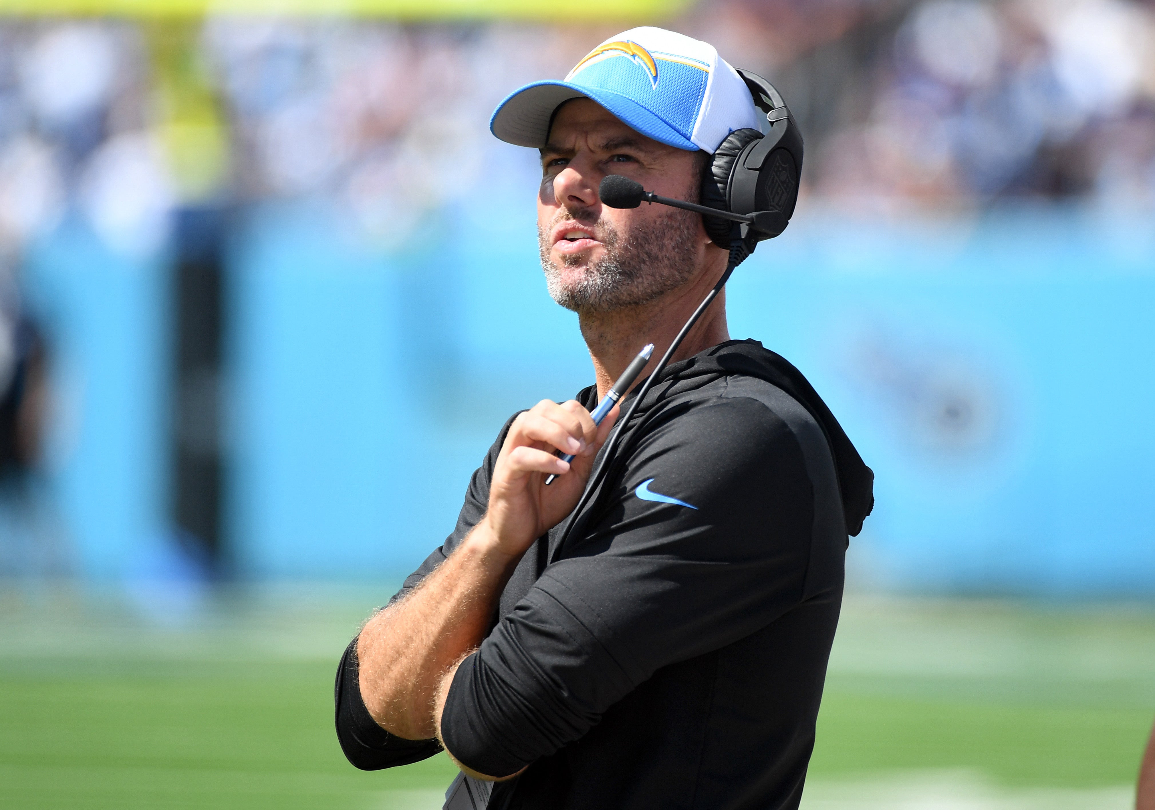 Sep 17, 2023; Nashville, Tennessee, USA; Los Angeles Chargers head coach Brandon Staley looks on from the sideline during the second half against the Tennessee Titans at Nissan Stadium.
