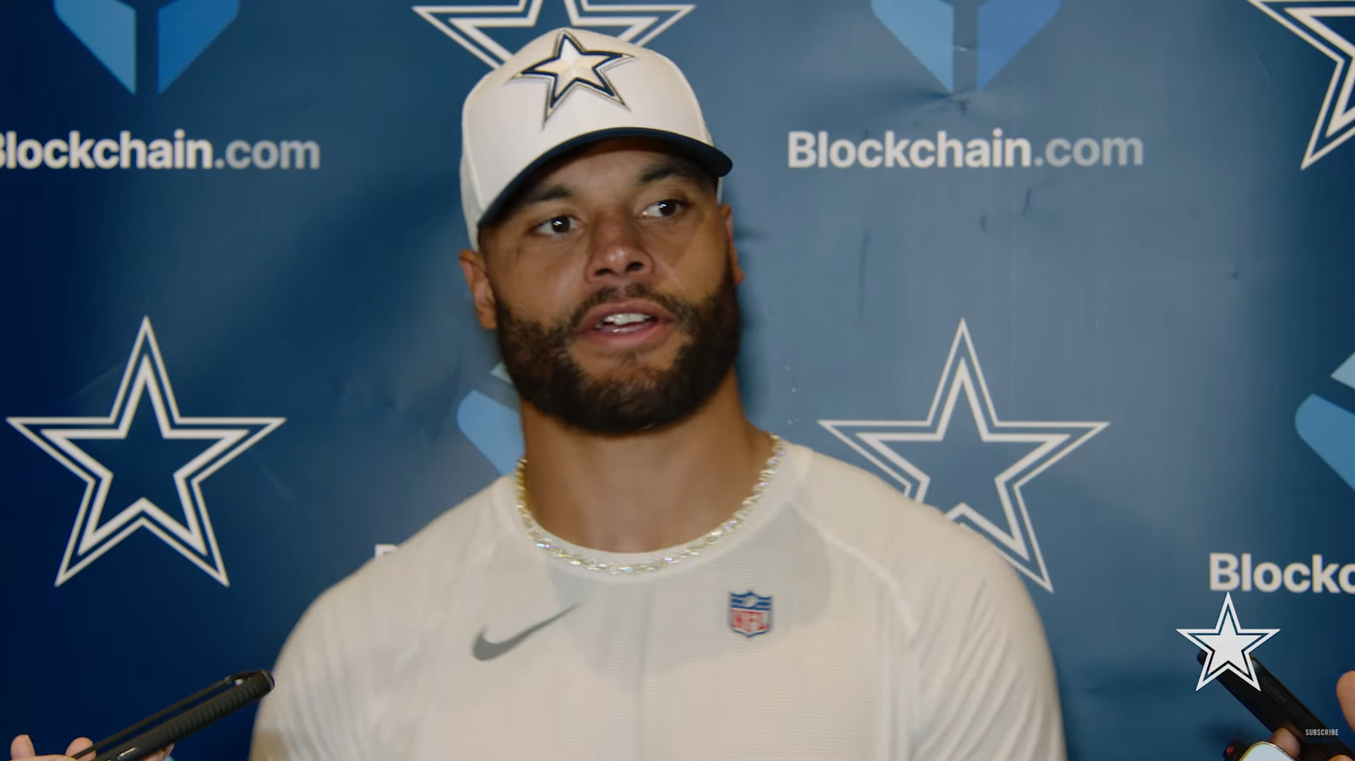 Dallas Cowboys quarterback Dak Prescott talks to reporters during OTAs.