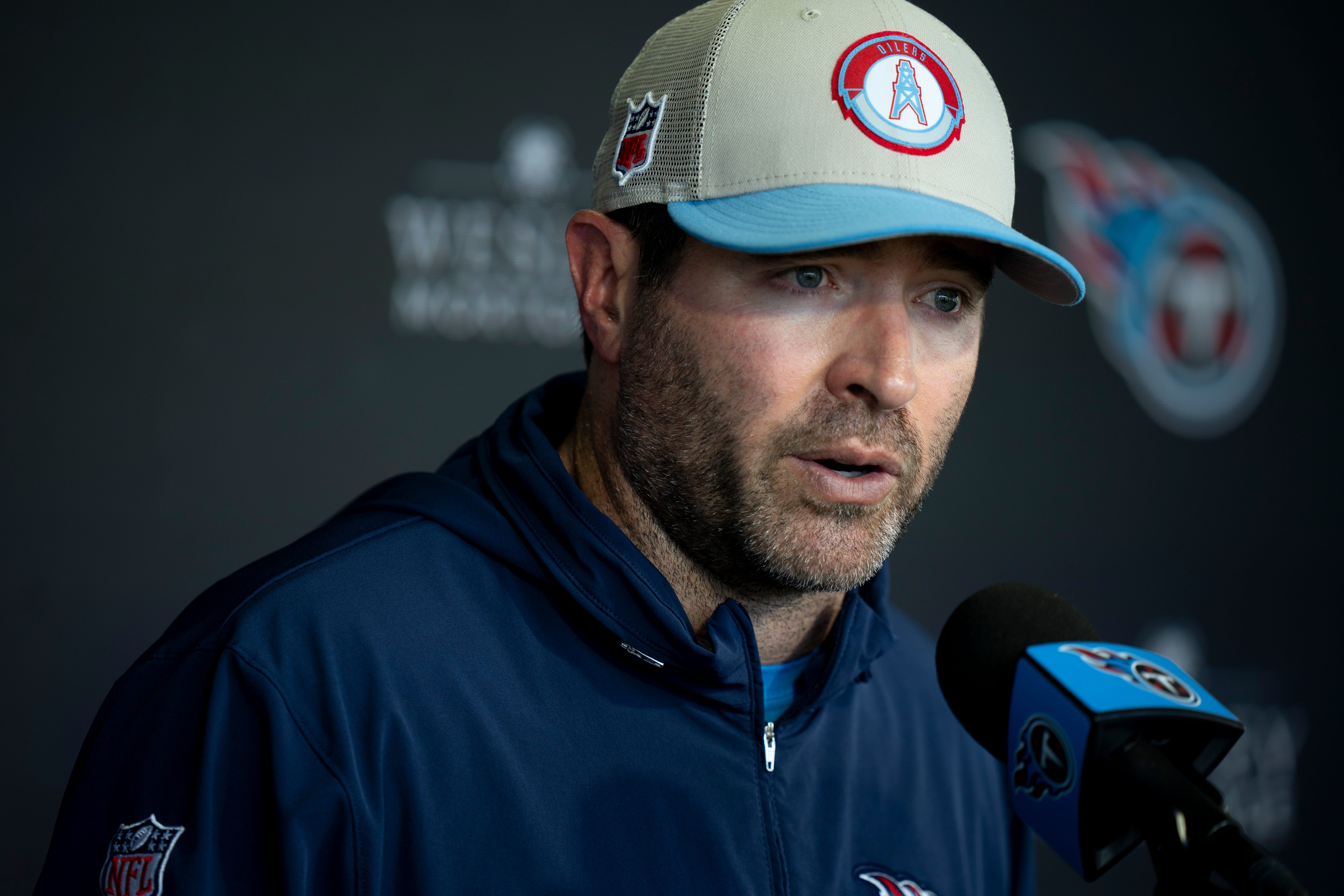 Head Coach Brian Callahan fields questions after the Tennessee Titans practice at Ascension Saint Thomas Sports Park in Nashville, Tenn., Tuesday, May 21, 2024.