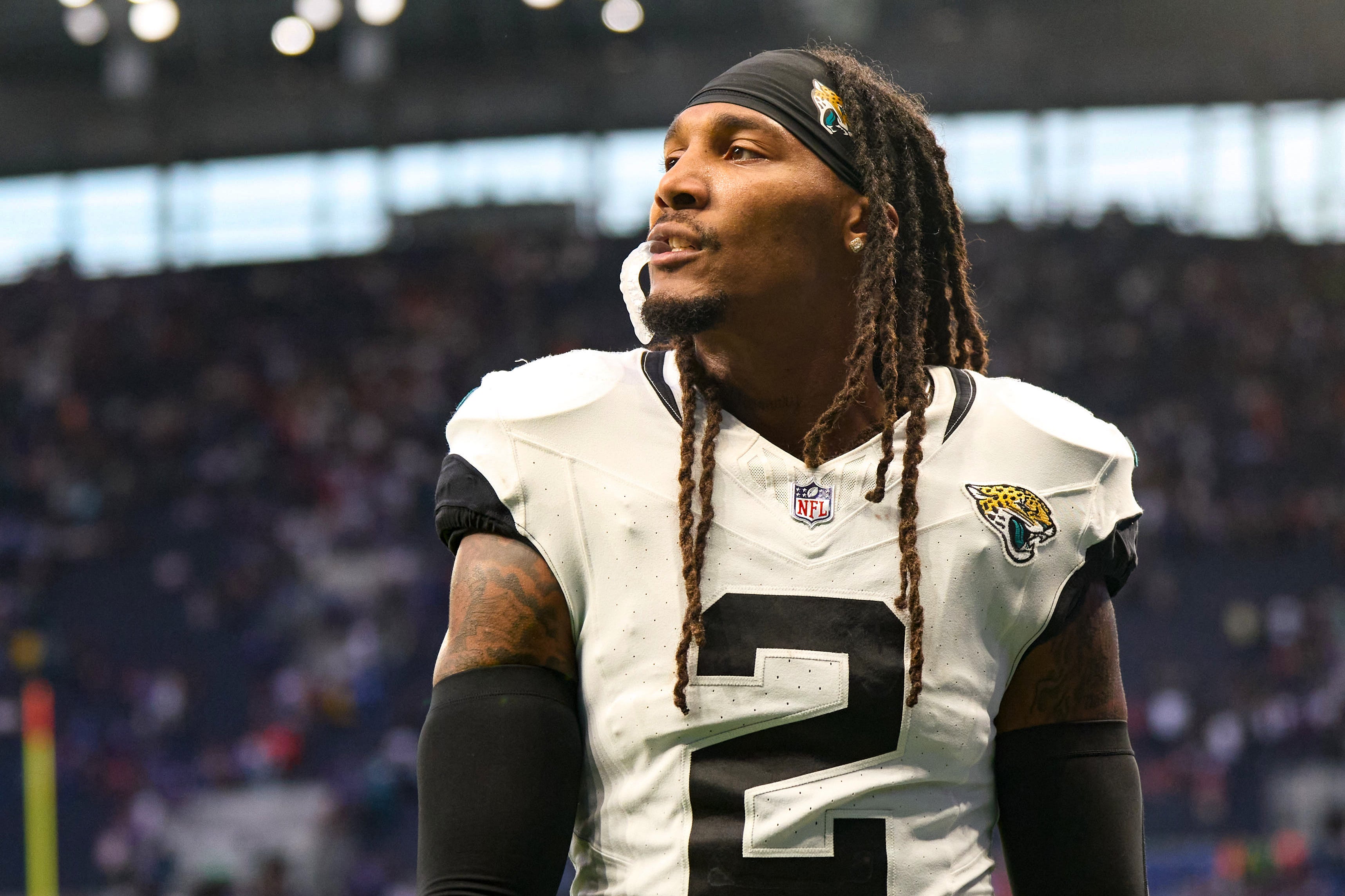 Oct 8, 2023; London, United Kingdom; Jacksonville Jaguars safety Rayshawn Jenkins (2) leaves the field after an NFL International Series game against the Buffalo Bills at Tottenham Hotspur Stadium.