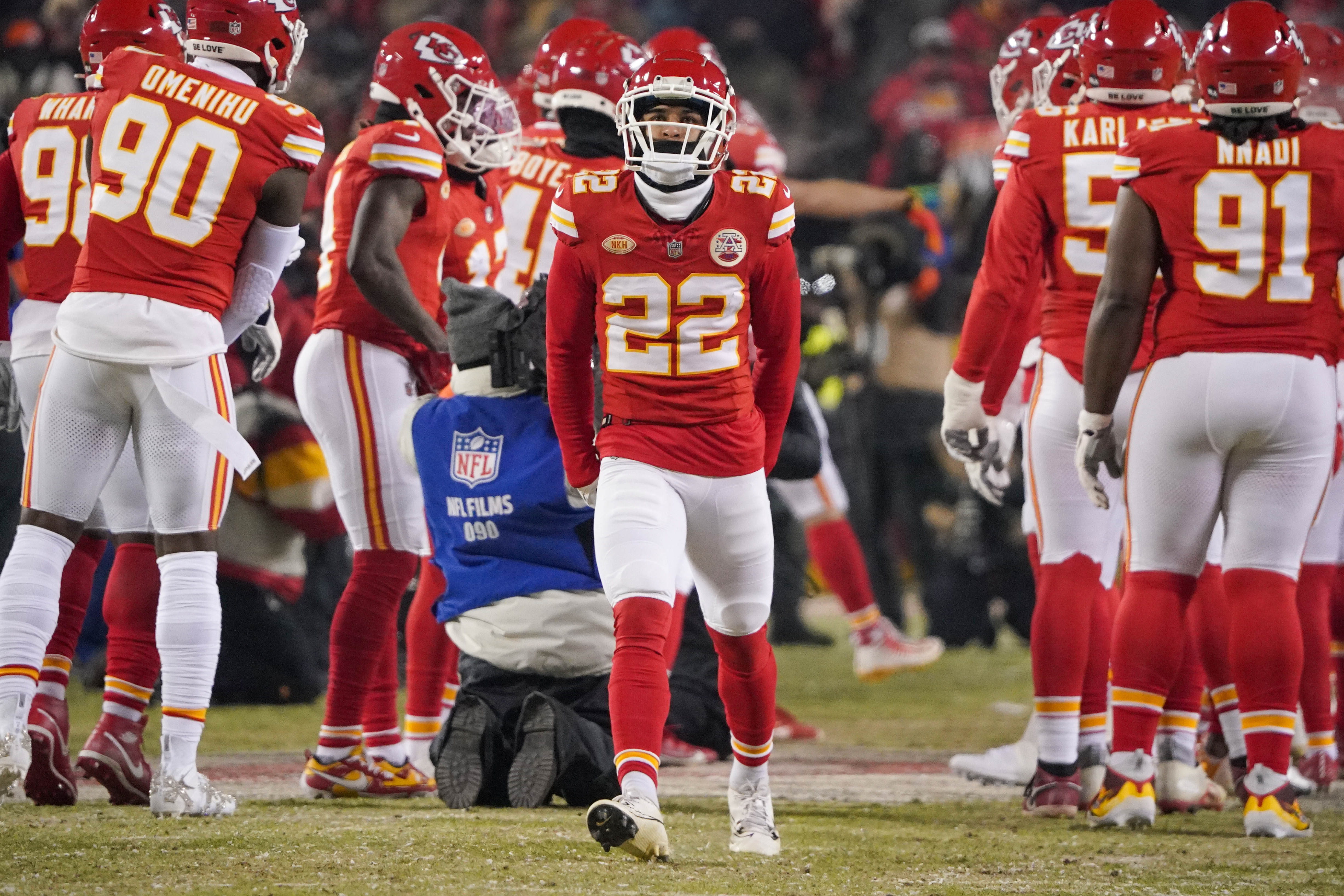 Jan 13, 2024; Kansas City, Missouri, USA; Kansas City Chiefs cornerback Trent McDuffie (22) is introduced against the Miami Dolphins prior to a 2024 AFC wild card game at GEHA Field at Arrowhead Stadium.