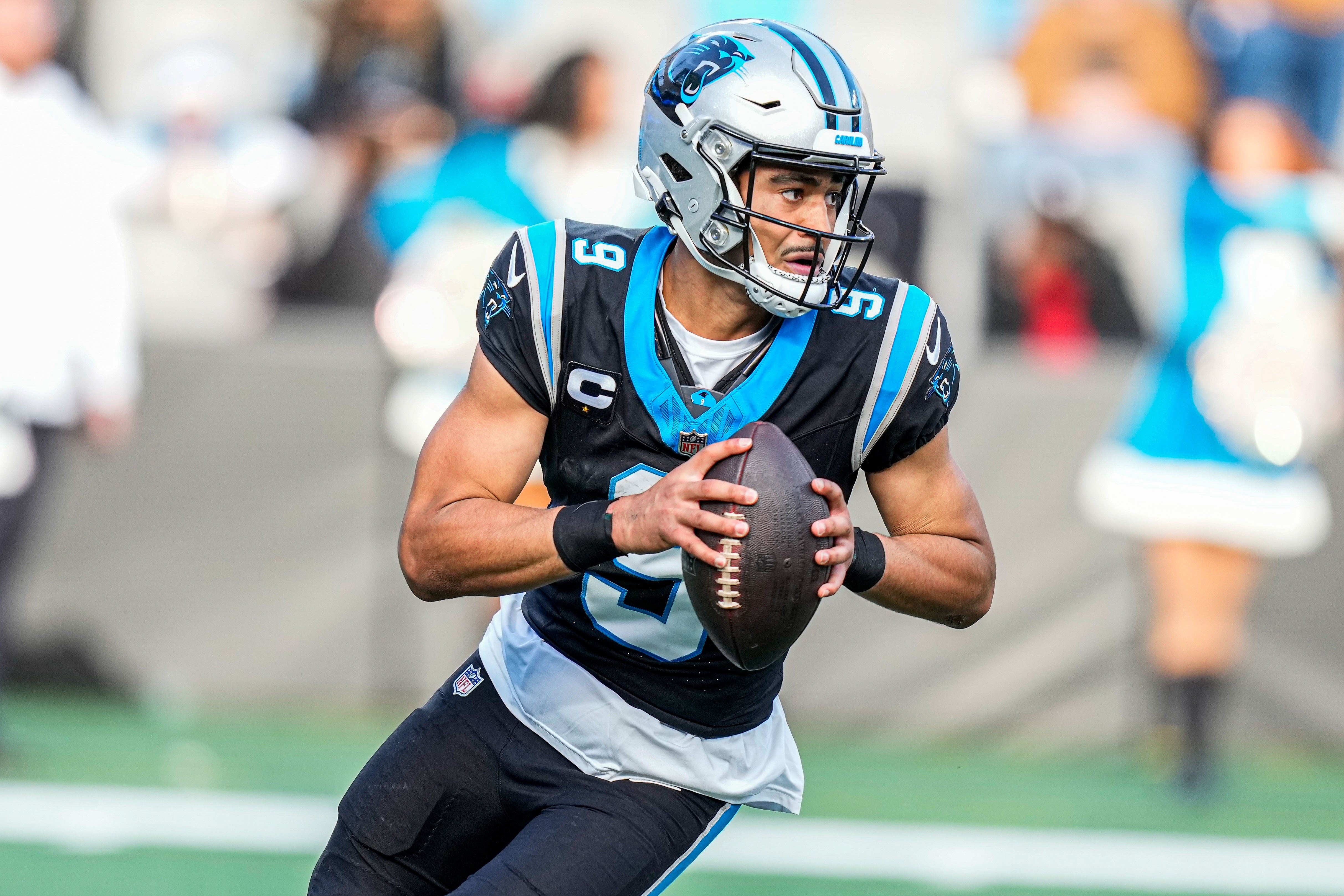 Dec 24, 2023; Charlotte, North Carolina, USA; Carolina Panthers quarterback Bryce Young (9) against the Green Bay Packers during the second half at Bank of America Stadium. Mandatory Credit: Jim Dedmon-USA TODAY Sports