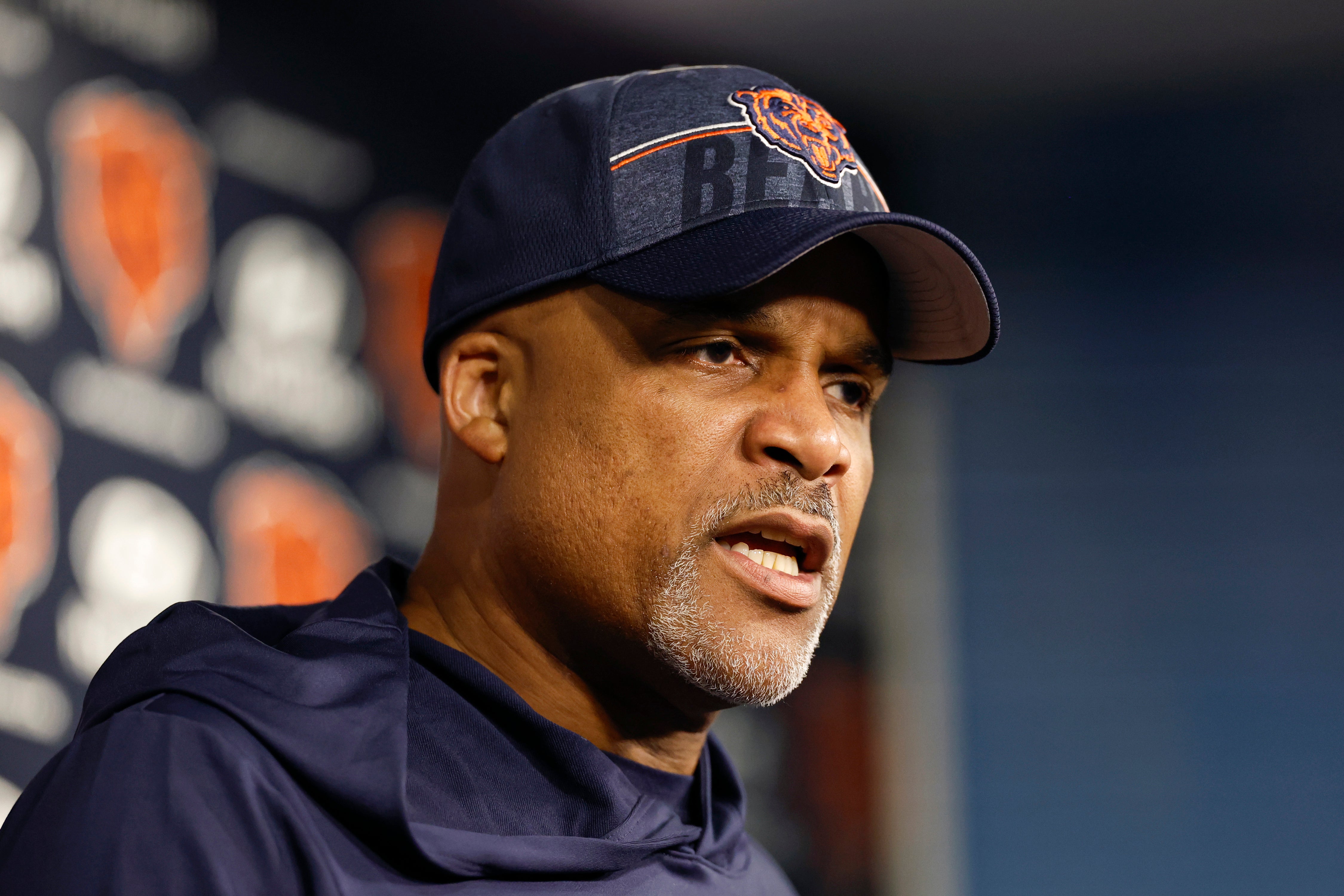 May 23, 2024; Lake Forest, IL, USA; Chicago Bears defensive coordinator Eric Washington speaks during organized team activities at Halas Hall.