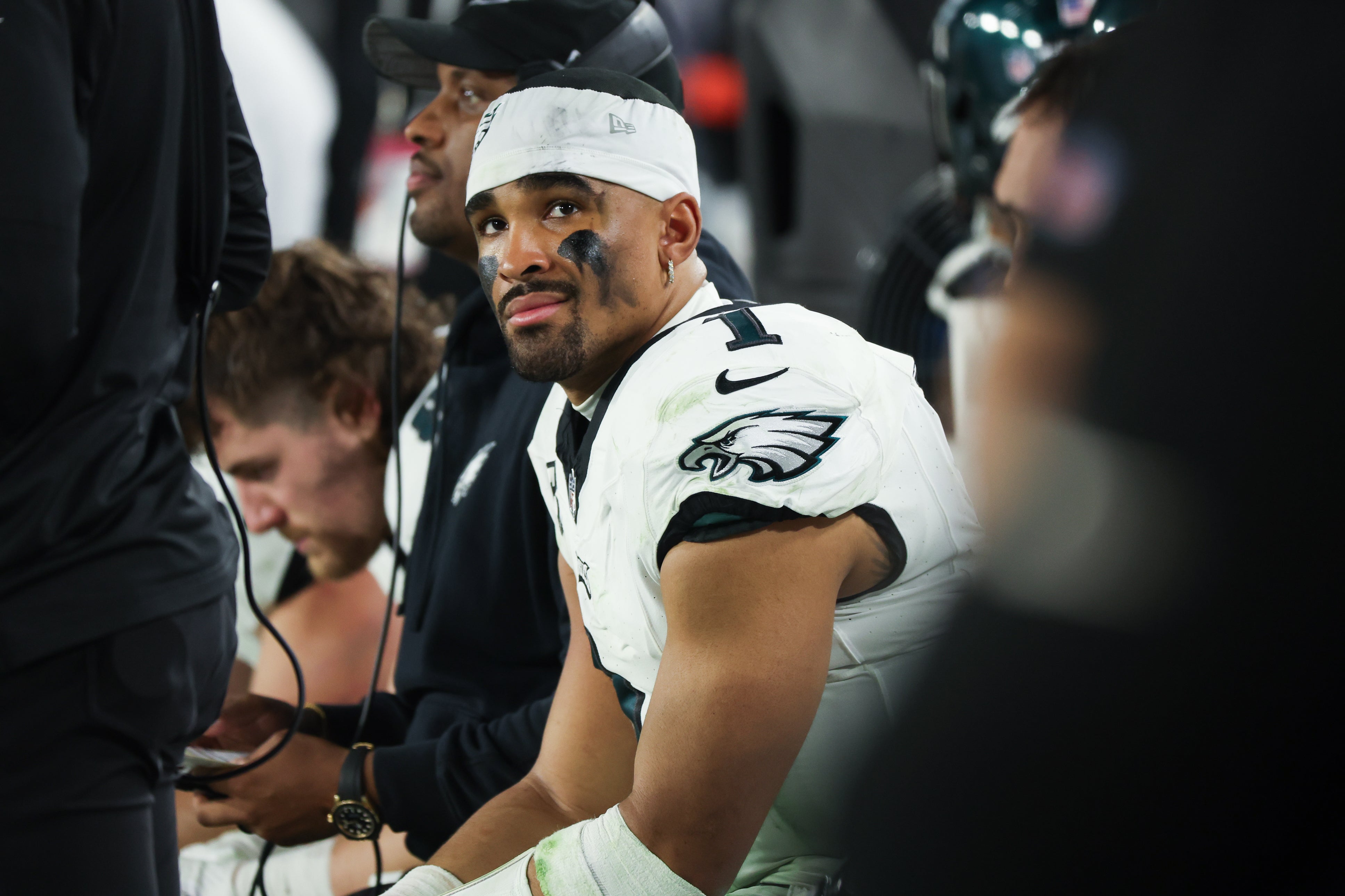 Philadelphia Eagles quarterback Jalen Hurts (1) reacts during the second half of a 2024 NFC wild card game against the Tampa Bay Buccaneers at Raymond James Stadium.