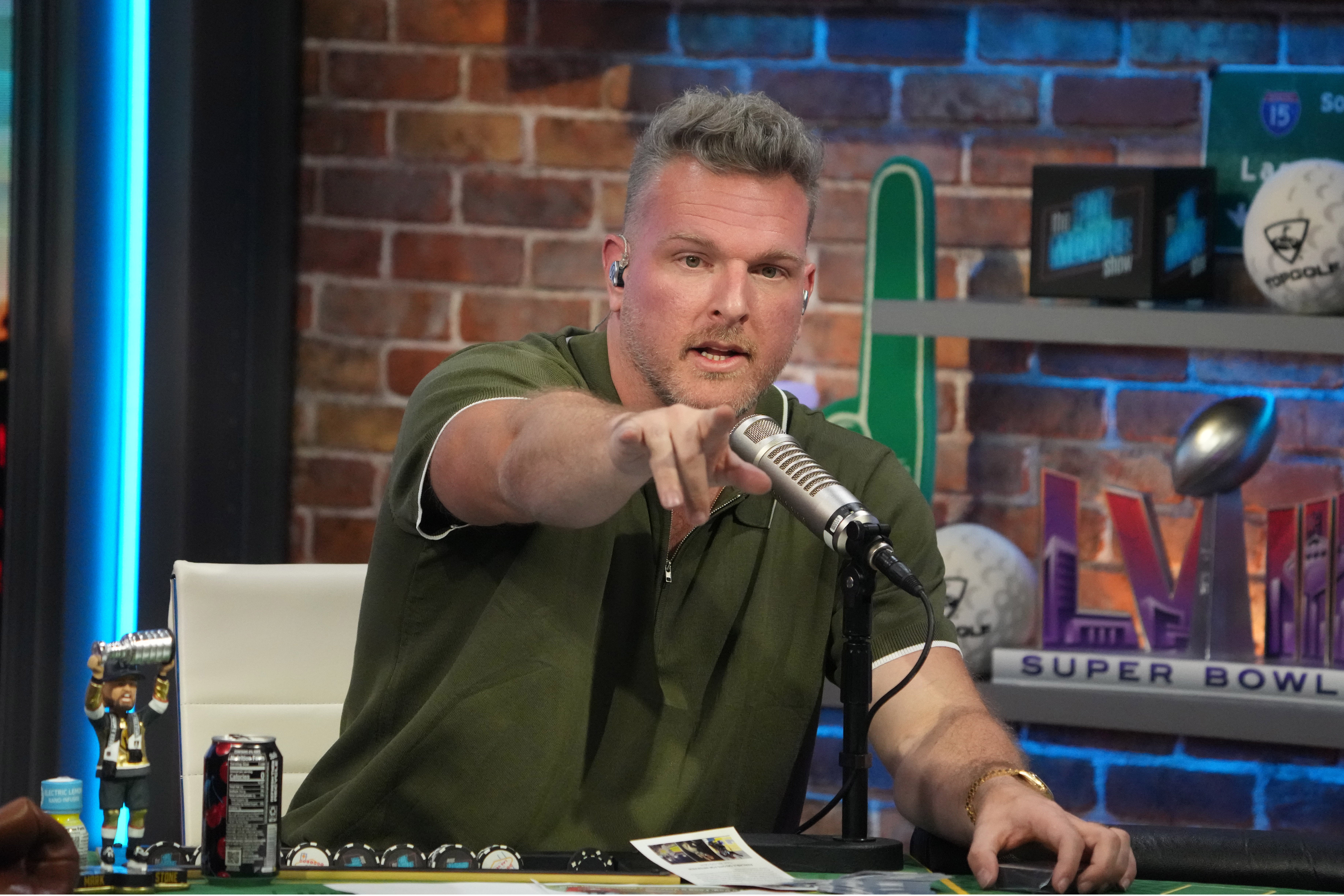 Feb 8, 2024; Las Vegas, NV, USA; Pat McAfee on radio row at the Super Bowl 58 media center at the Mandalay Bay resort and casino.