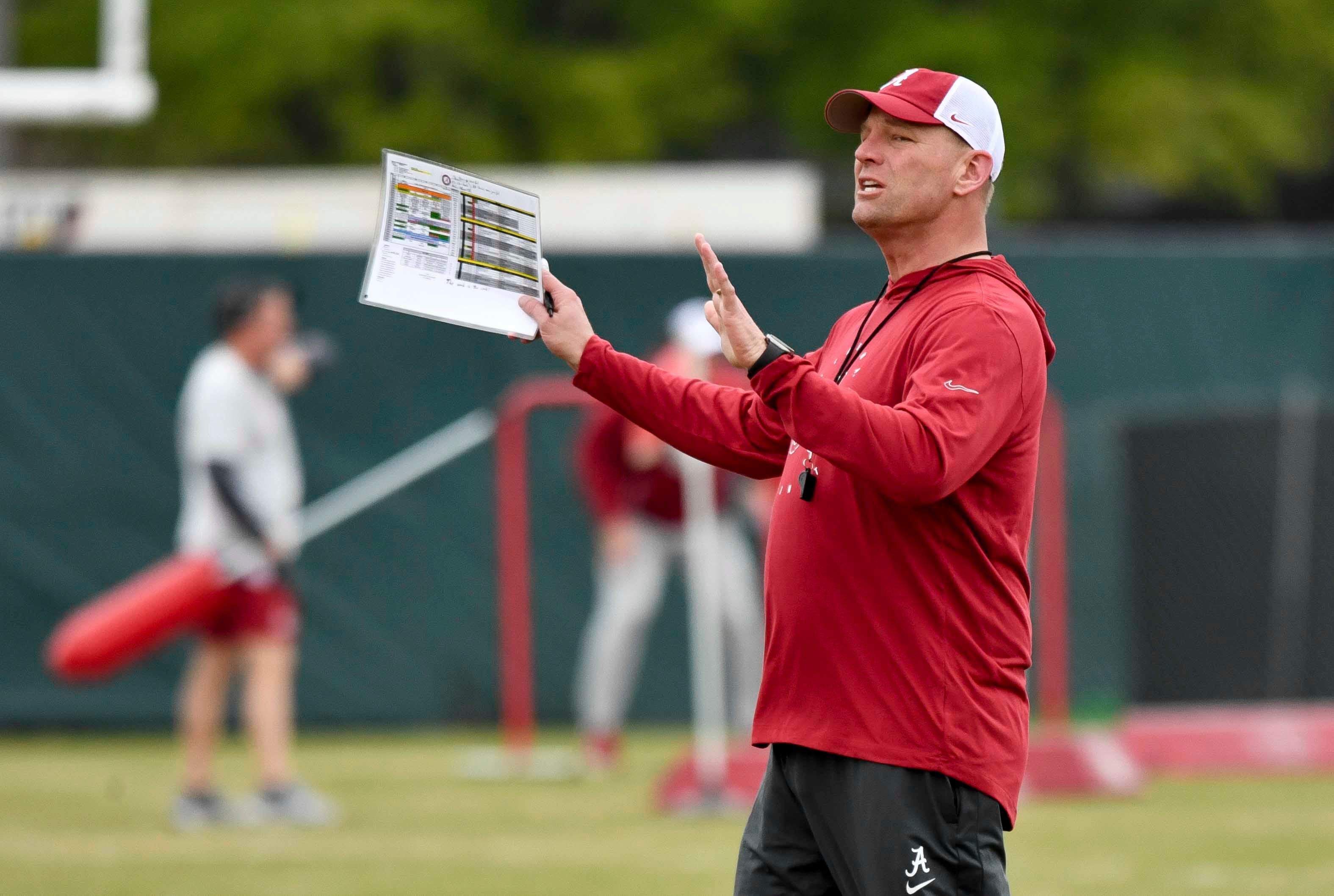 Mar 21, 2024; Tuscaloosa, Alabama, USA; Alabama head coach Kalen DeBoer gives directions during practice at the University Alabama Thursday.