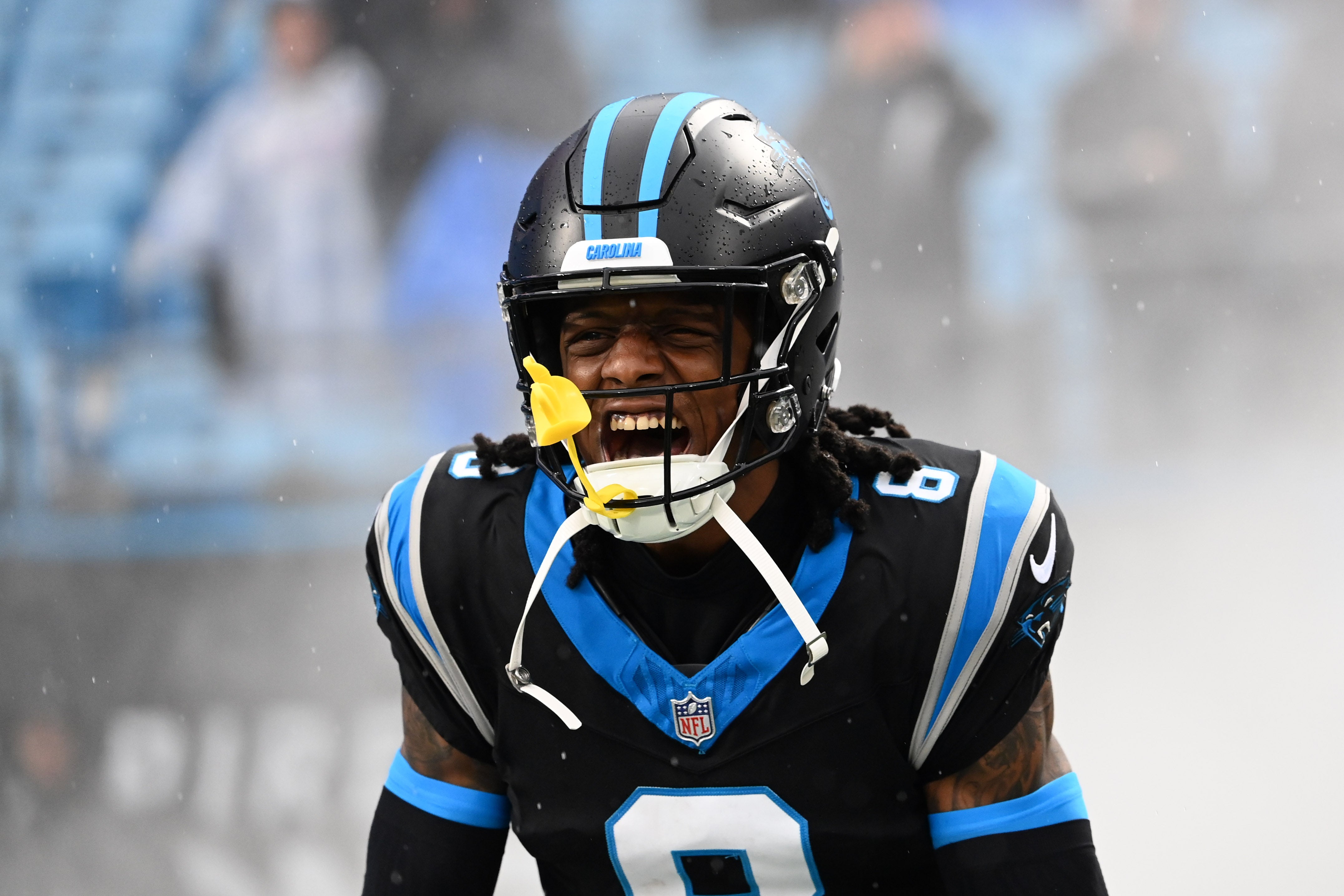 Dec 17, 2023; Charlotte, North Carolina, USA; Carolina Panthers cornerback Jaycee Horn (8) is introduced before the game at Bank of America Stadium. Mandatory Credit: Bob Donnan-USA TODAY Sports