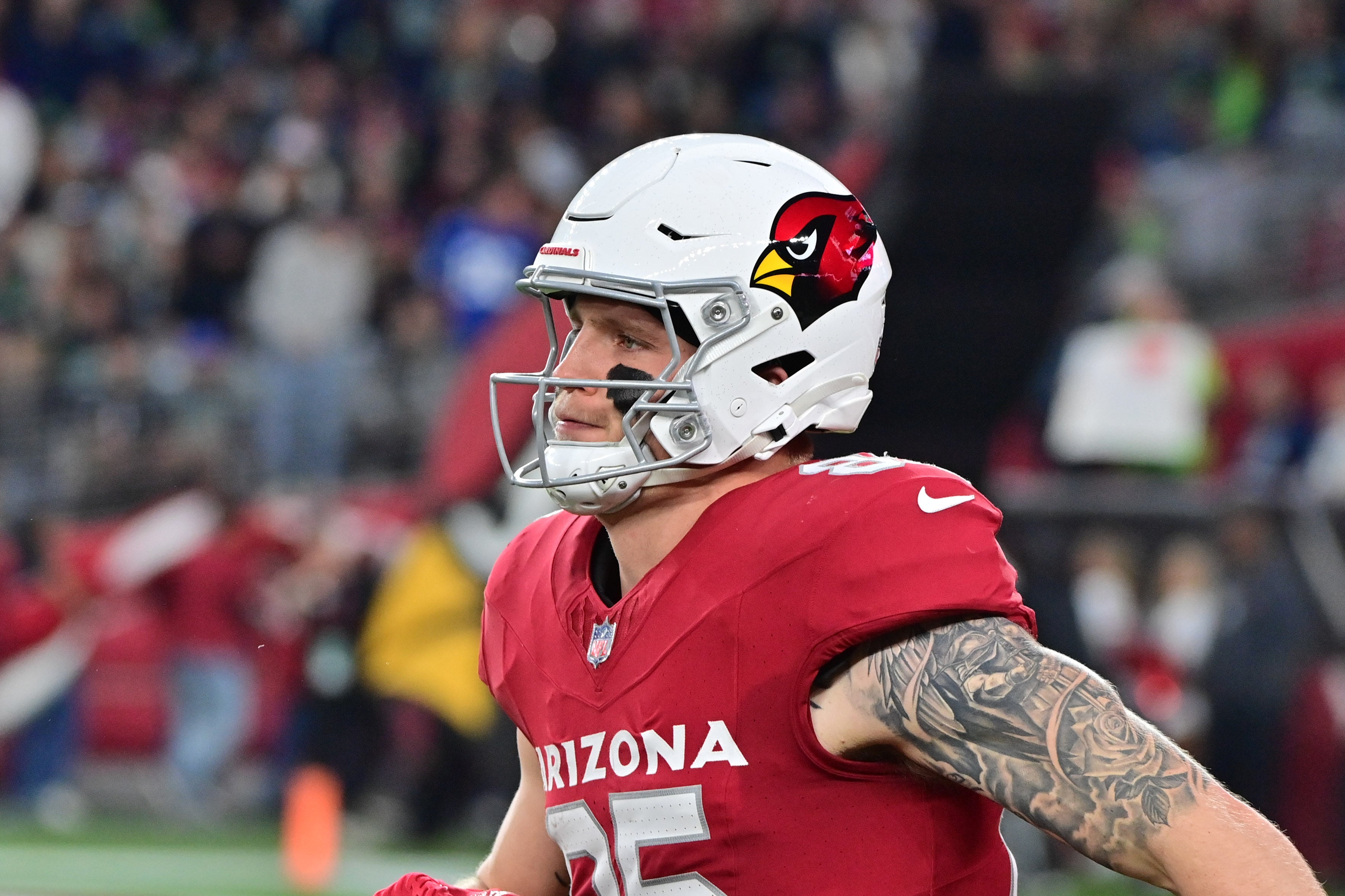 Jan 7, 2024; Glendale, Arizona, USA; Arizona Cardinals tight end Trey McBride (85) looks on prior to the game against the Seattle Seahawks at State Farm Stadium. Mandatory Credit: Matt Kartozian-USA TODAY Sports