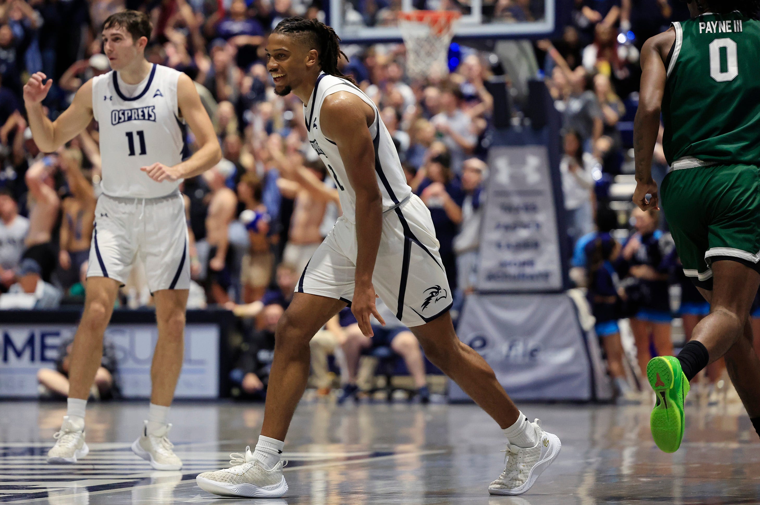 North Florida Ospreys guard Chaz Lanier (2) smiles after making a three-point basket during the second half of an NCAA men s basketball game Friday, Jan. 12, 2024 at the University of North Florida s UNF Arena in Jacksonville, Fla. UNF defeated JU 82-74.