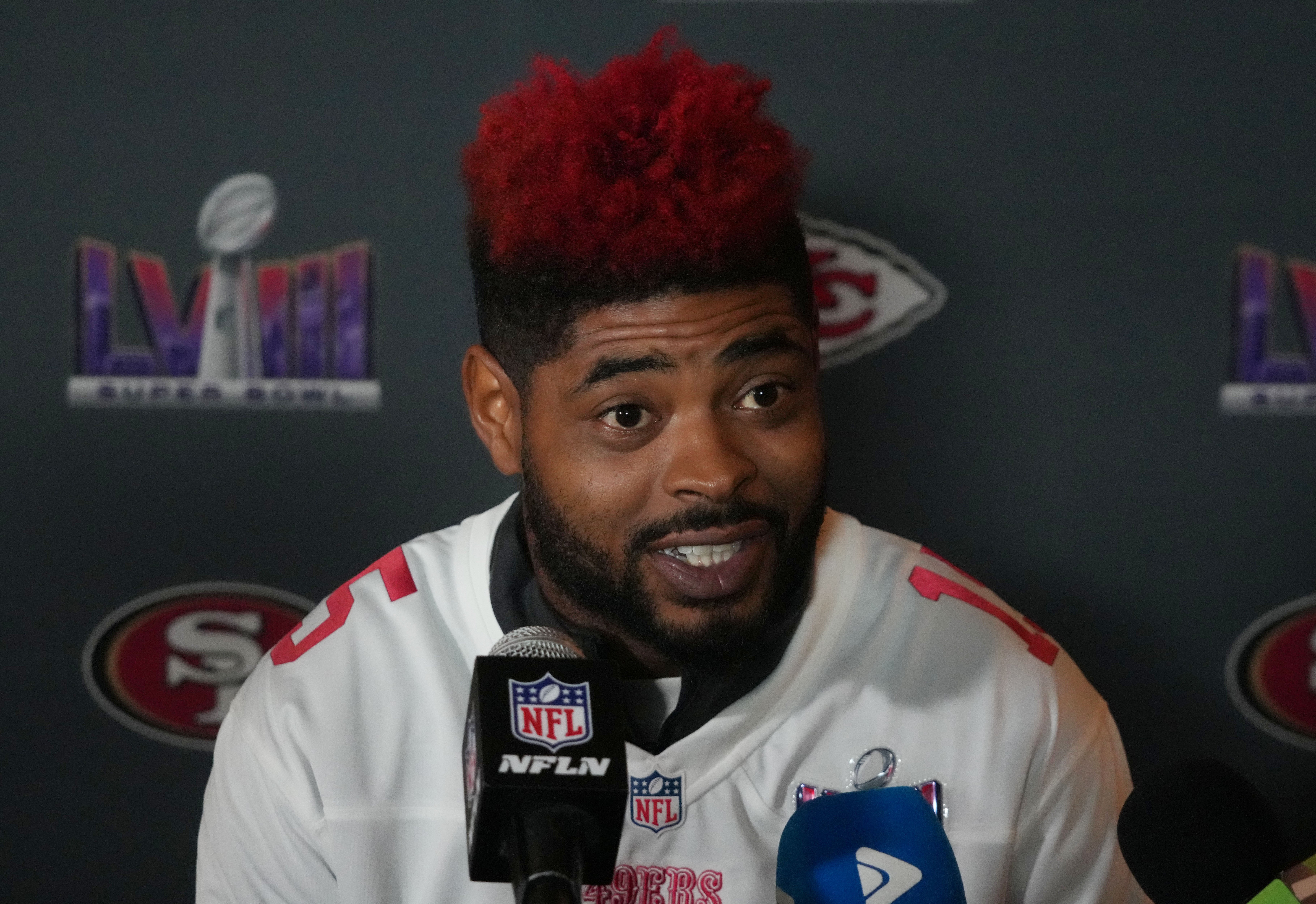 Feb 6, 2024; Las Vegas, NV, USA; San Francisco 49ers wide receiver Jauan Jennings (15) during a press conference before Super Bowl LVIII at the Hilton Lake Las Vegas Resort.
