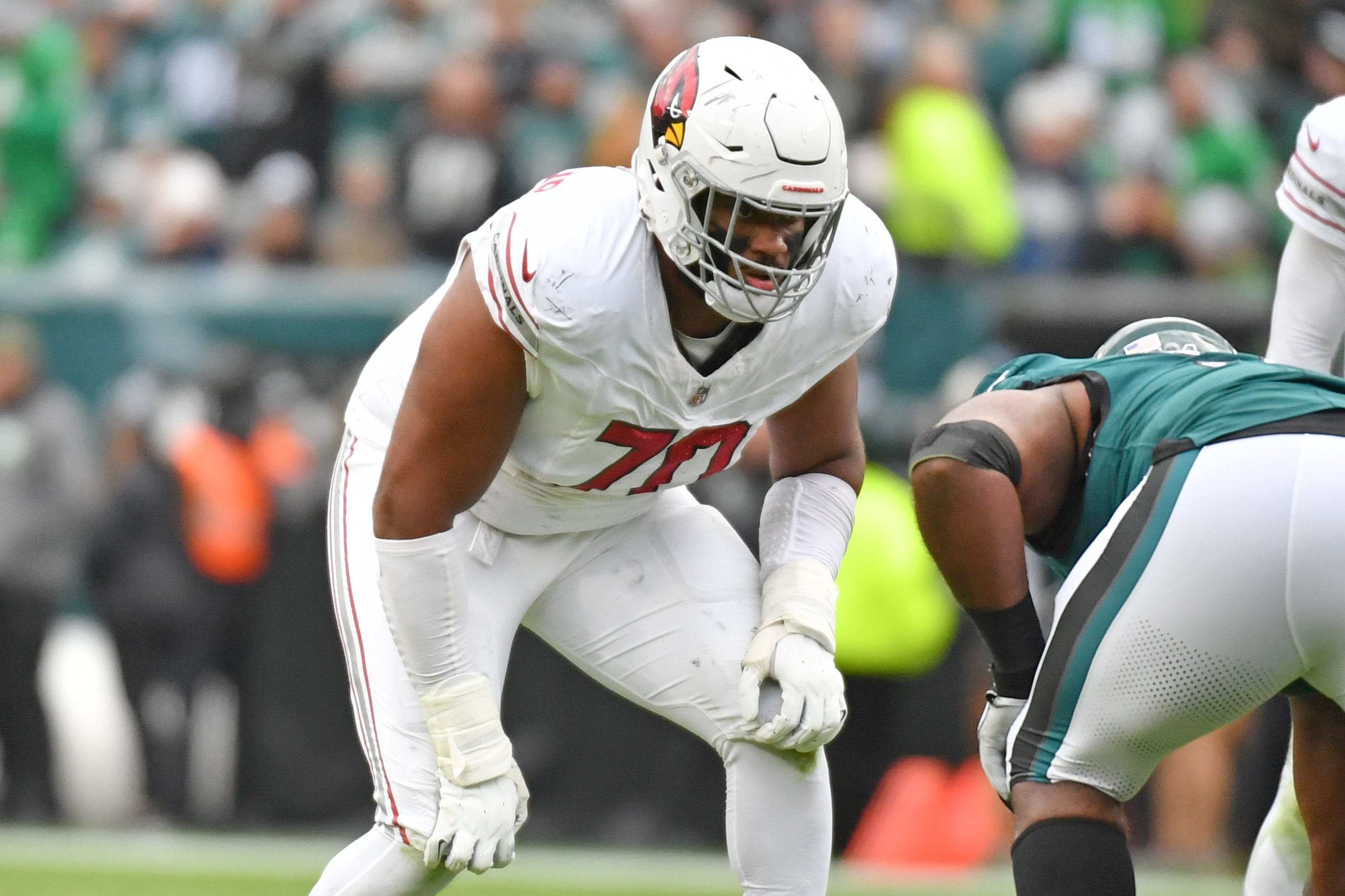 Dec 31, 2023; Philadelphia, Pennsylvania, USA; Arizona Cardinals offensive tackle Paris Johnson Jr. (70) against the Philadelphia Eagles at Lincoln Financial Field.