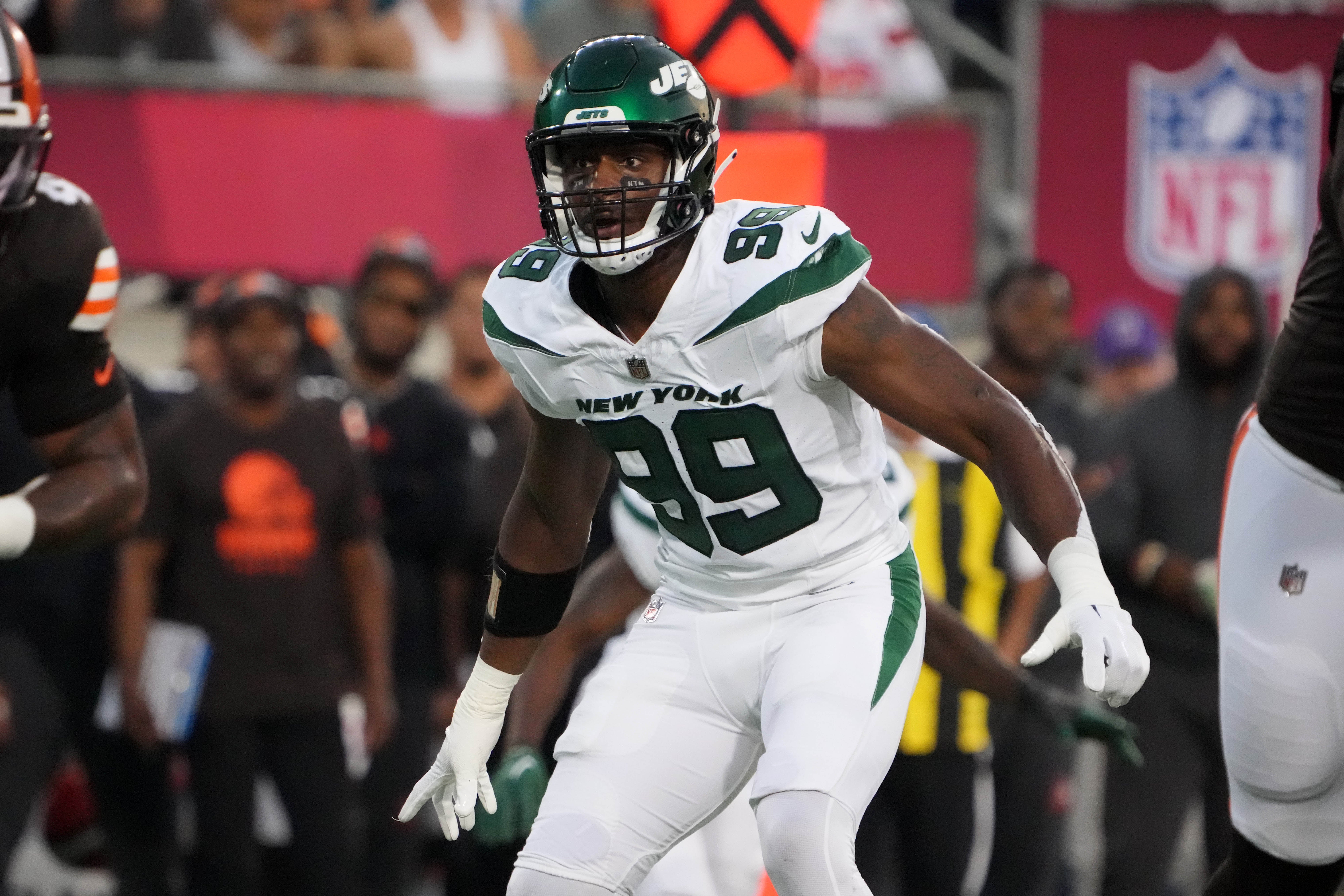 Aug 3, 2023; Canton, Ohio, USA; New York Jets defensive end Will McDonald IV (99) against the Cleveland Browns during the first half at Tom Benson Hall of Fame Stadium.