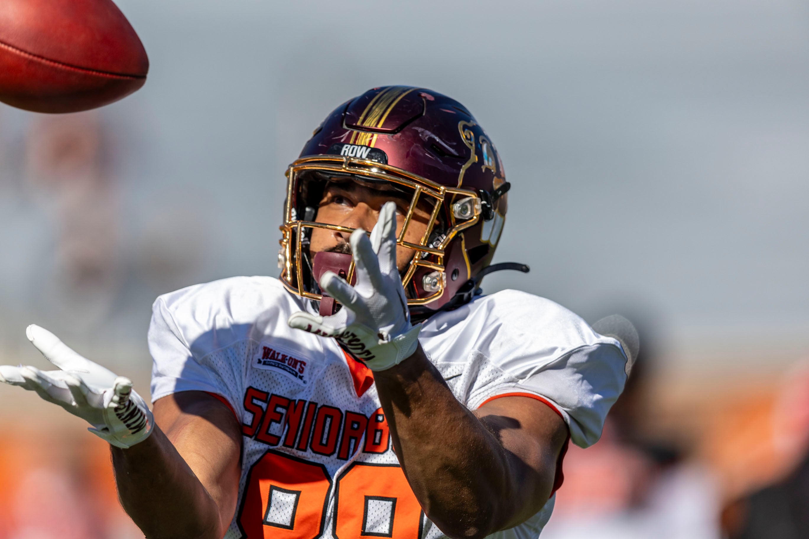 National tight end Brevyn Spann-Ford of Minnesota (88) tracks down a pass during practice for the National team at Hancock Whitney Stadium.