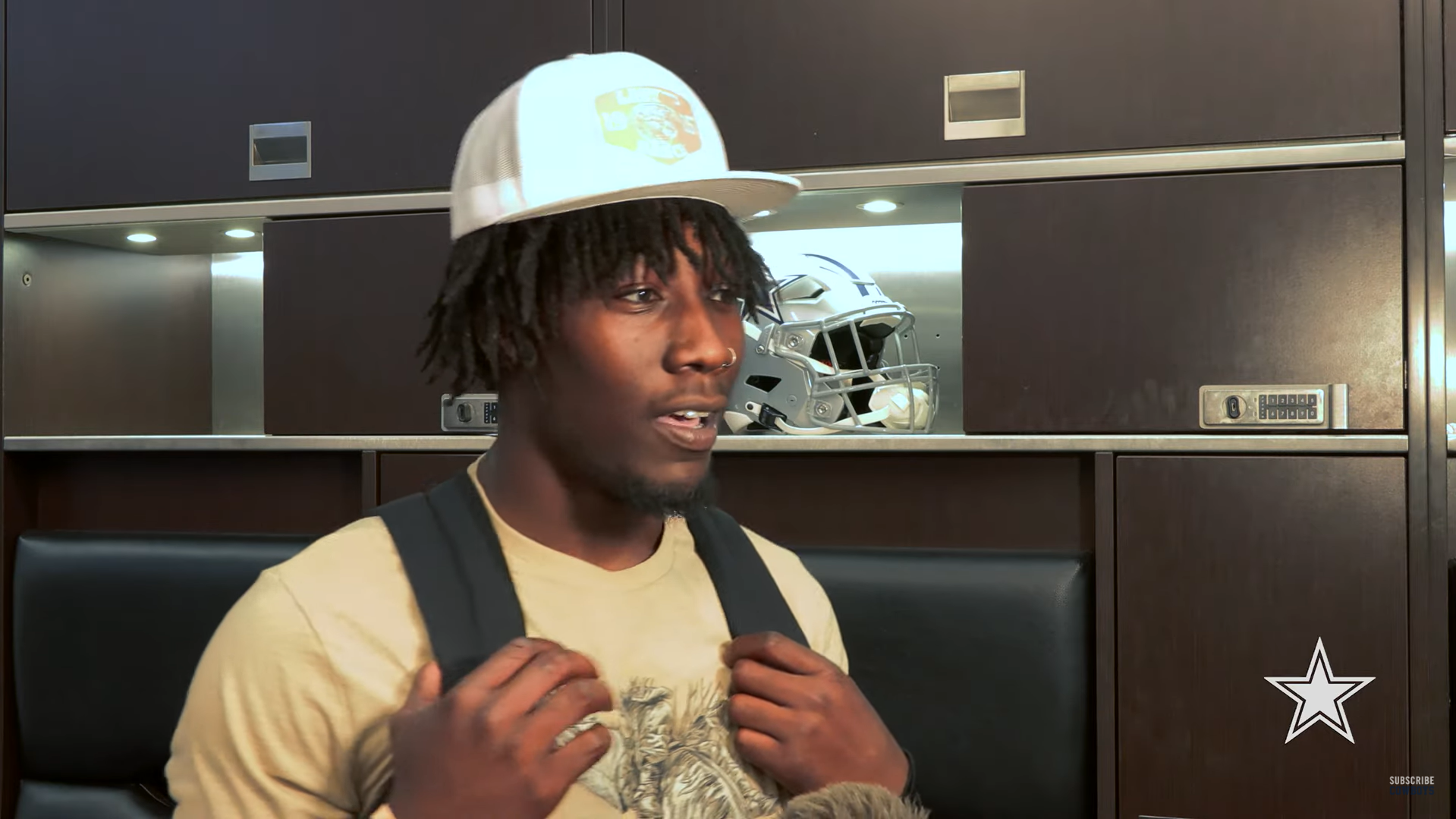 Dallas Cowboys LB DeMarvion Overshown talks to reporters during first week of OTAs.