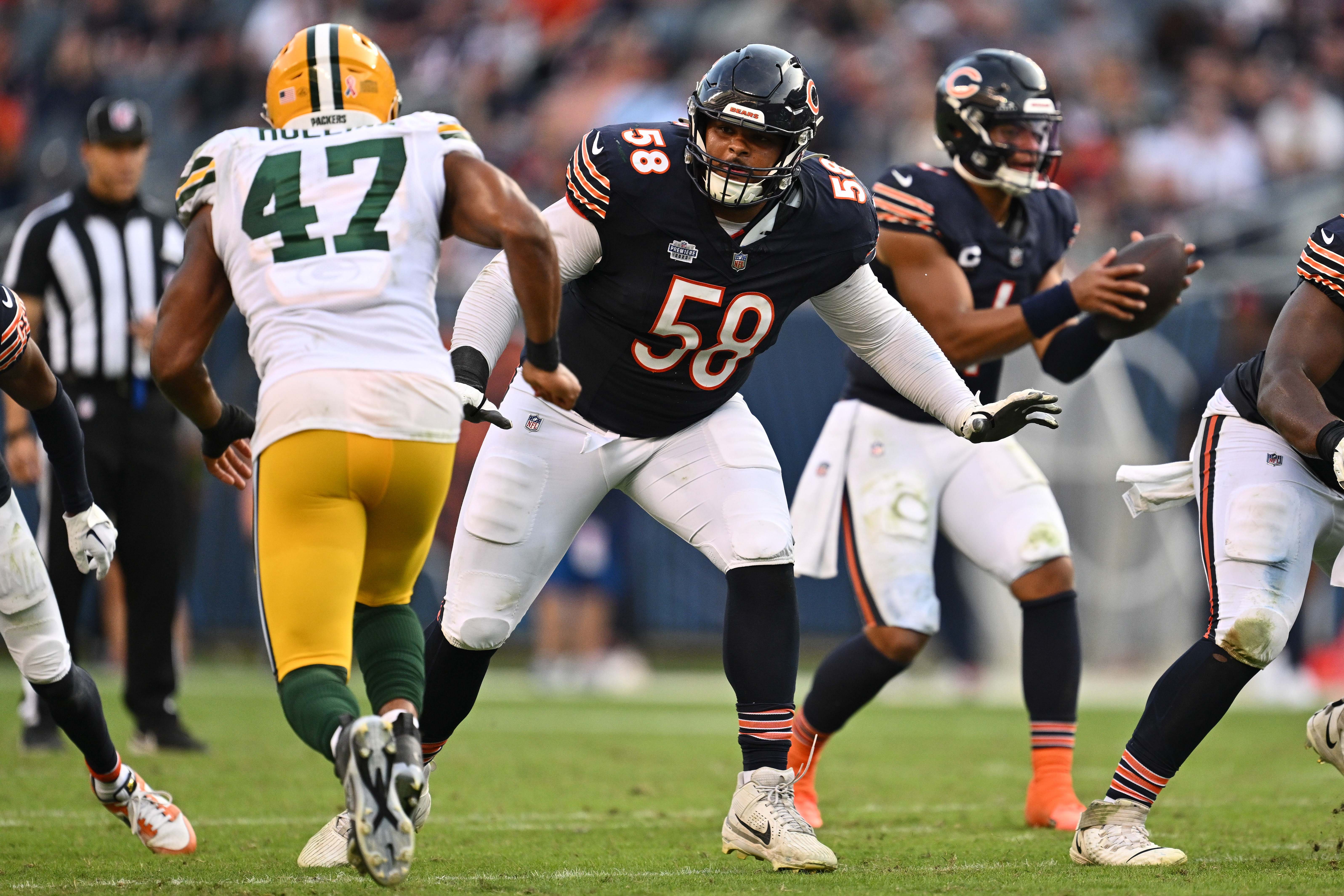 Sep 10, 2023; Chicago, Illinois, USA; Chicago Bears offensive lineman Darnell Wright (58) blocks against the Green Bay Packers at Soldier Field.
