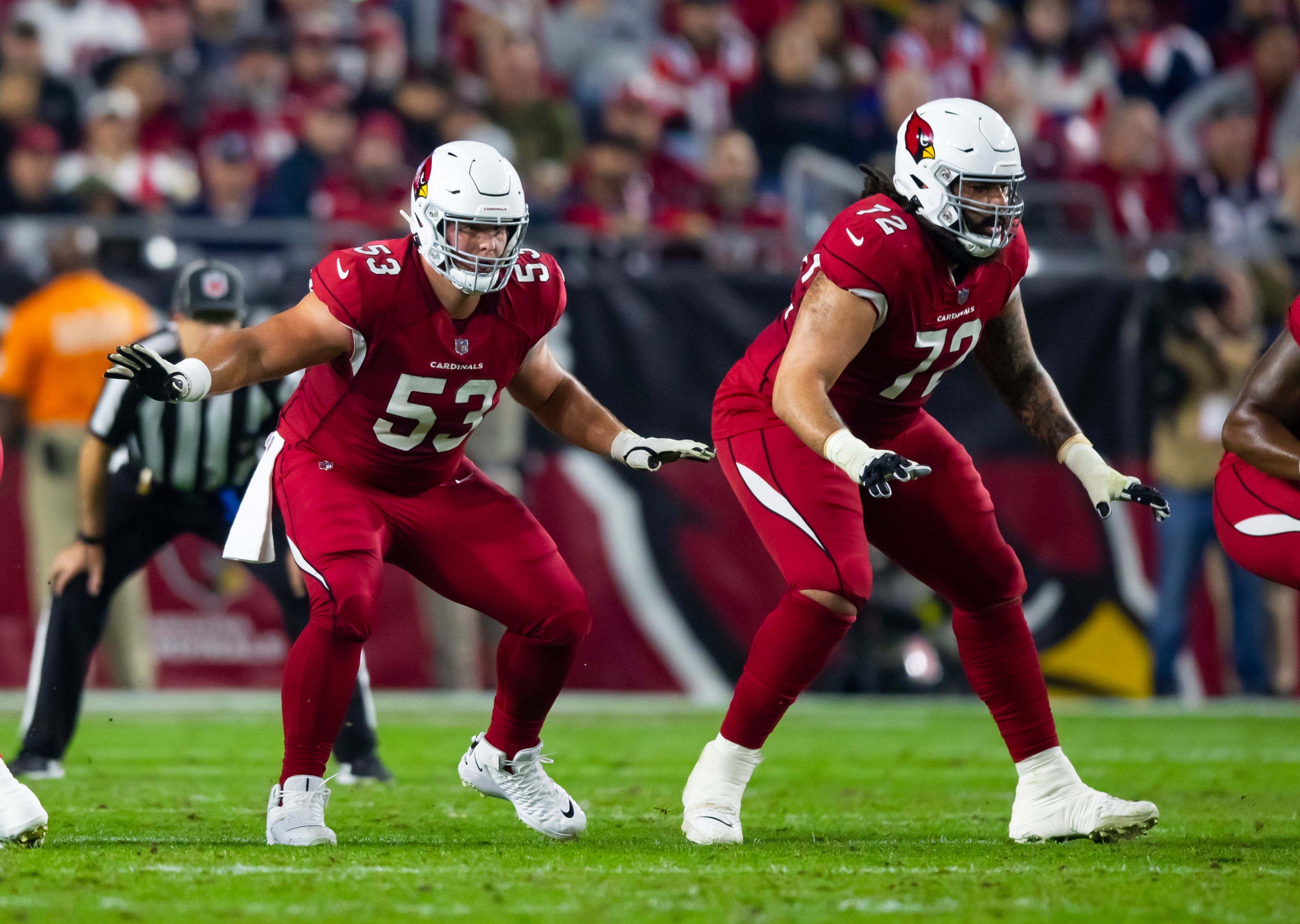 Dec 12, 2022; Glendale, Arizona, USA; Arizona Cardinals center Billy Price (53) and guard Cody Ford (72) against the New England Patriots at State Farm Stadium. Mandatory Credit: Mark J. Rebilas-USA TODAY Sports