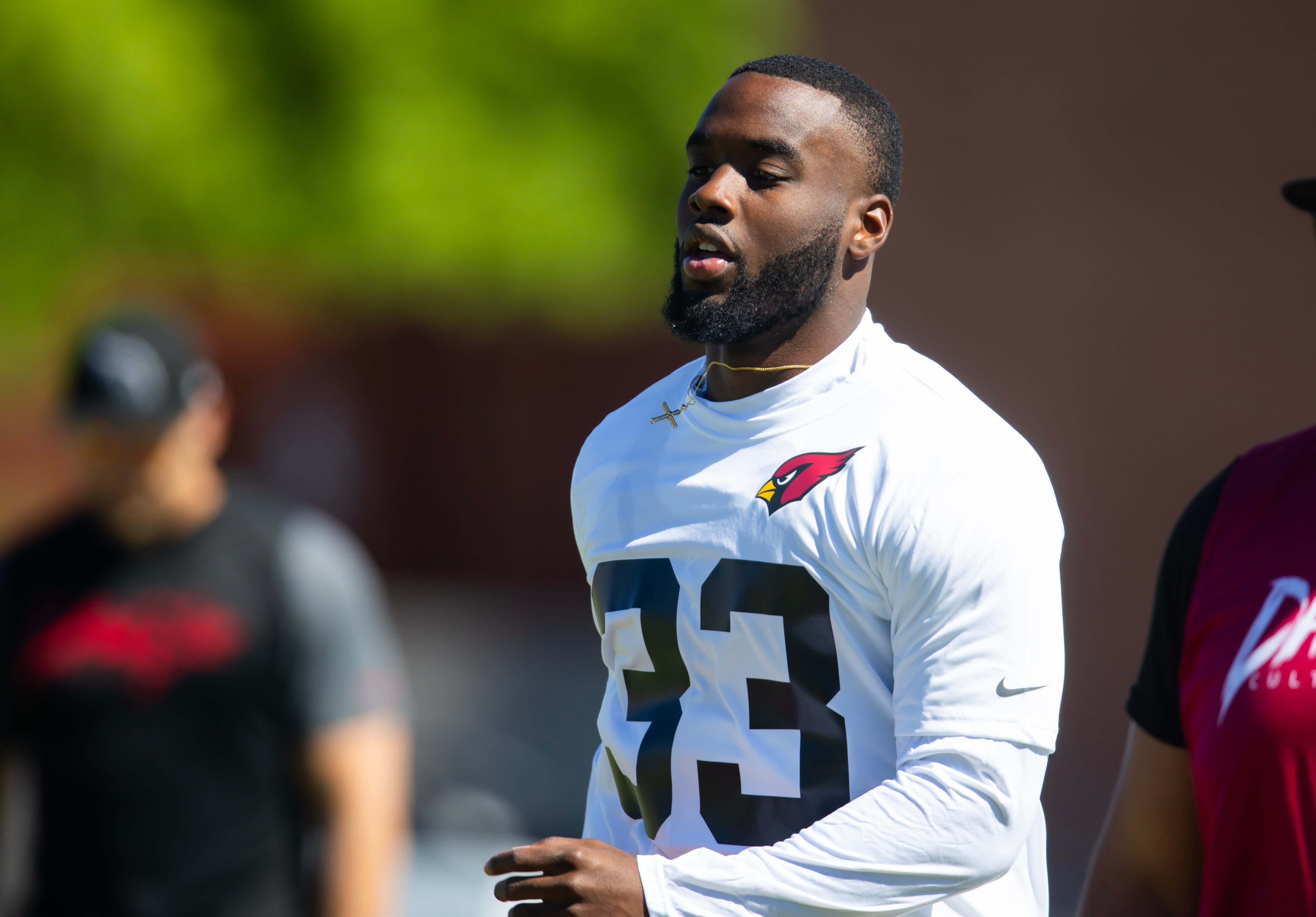 May 10, 2024; Tempe, AZ, USA; Arizona Cardinals running back Trey Benson (33) during rookie minicamp at the teams Tempe Training Facility. Mandatory Credit: Mark J. Rebilas-USA TODAY Sports