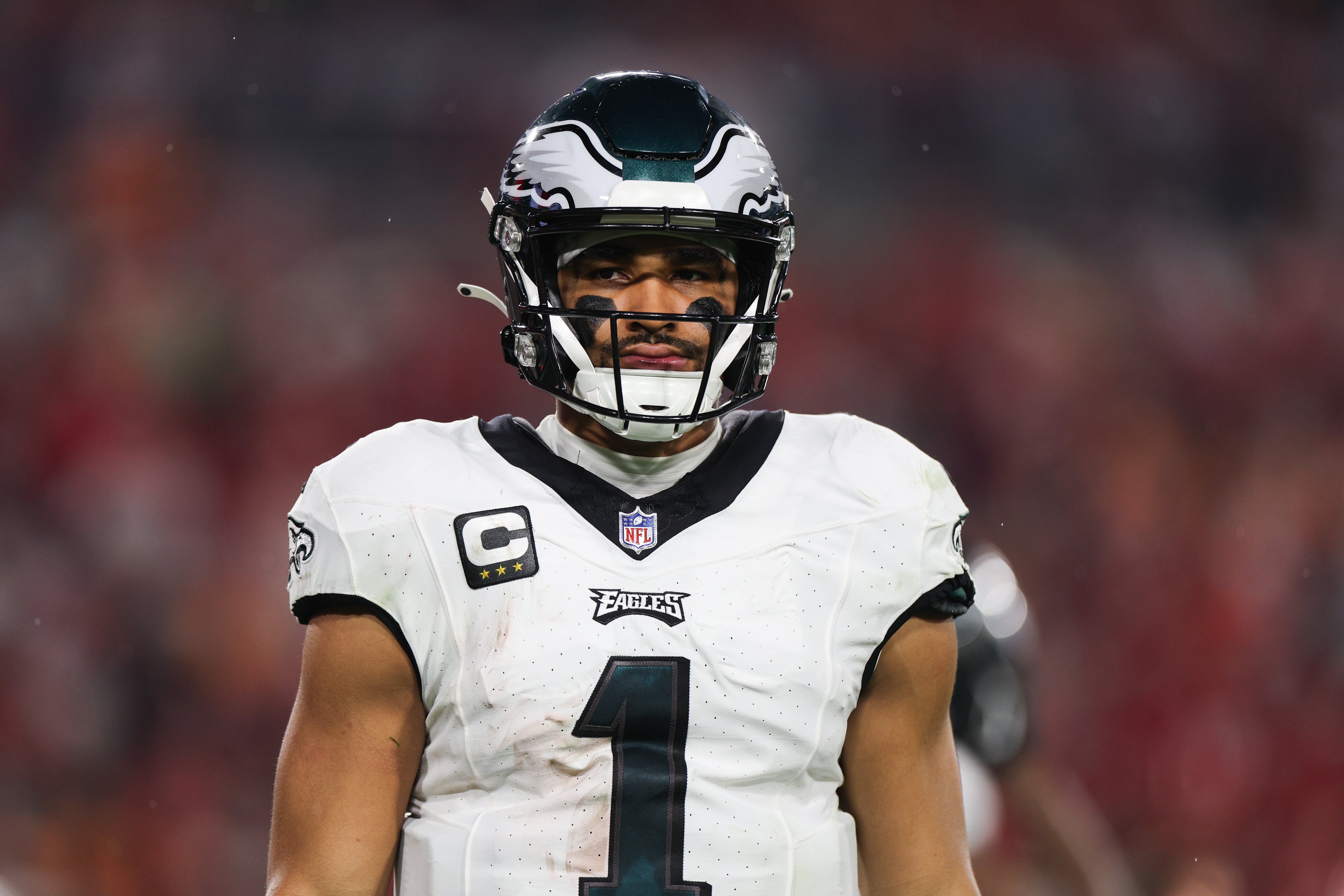 Philadelphia Eagles quarterback Jalen Hurts (1) looks on during the first half of a 2024 NFC wild card game against the Tampa Bay Buccaneers at Raymond James Stadium.